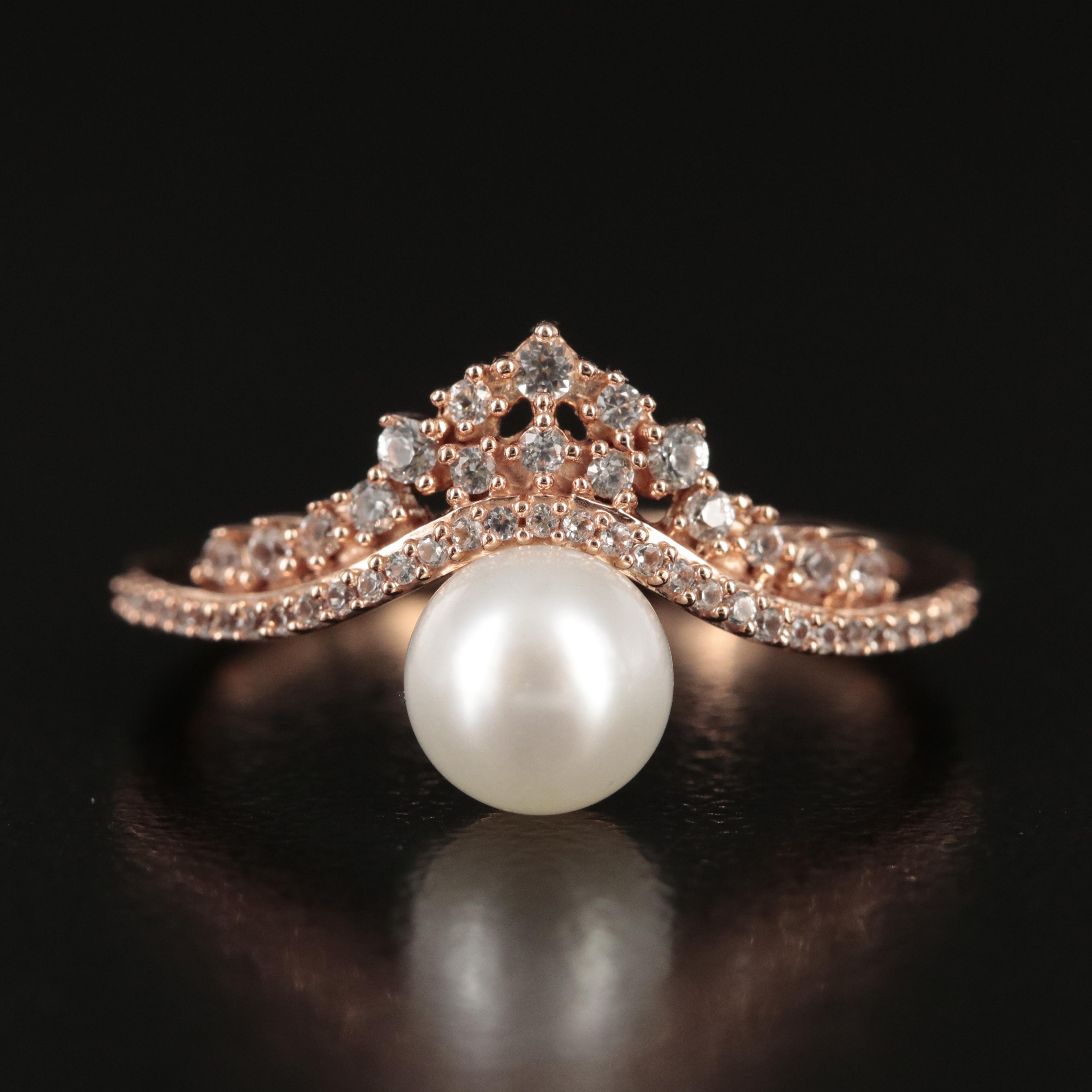 10K Rose Gold Pearl and White Sapphire Ring