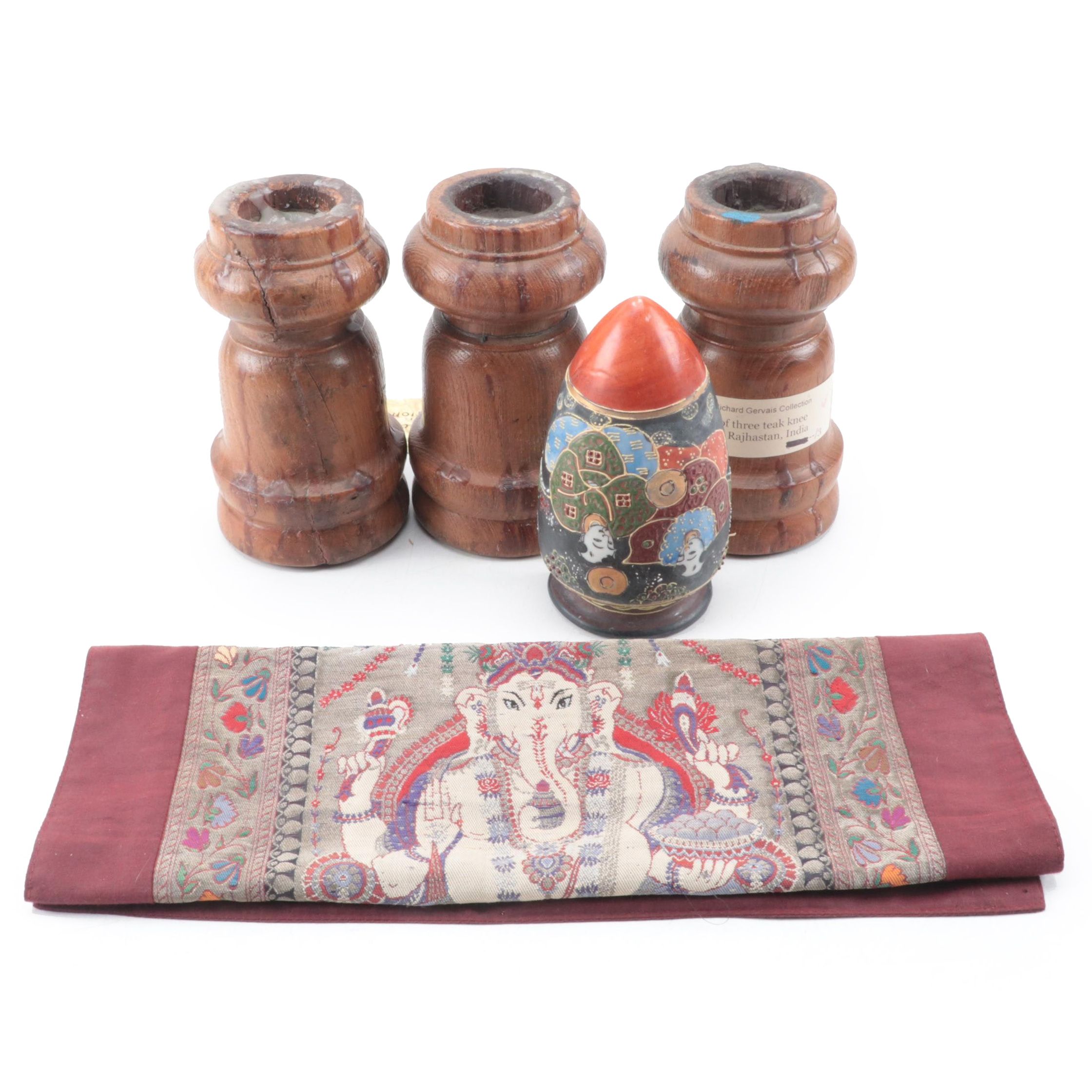 Indian Ganesh Textile Panel and Teak Knee Rests, Japanese Satsuma Wall Pocket