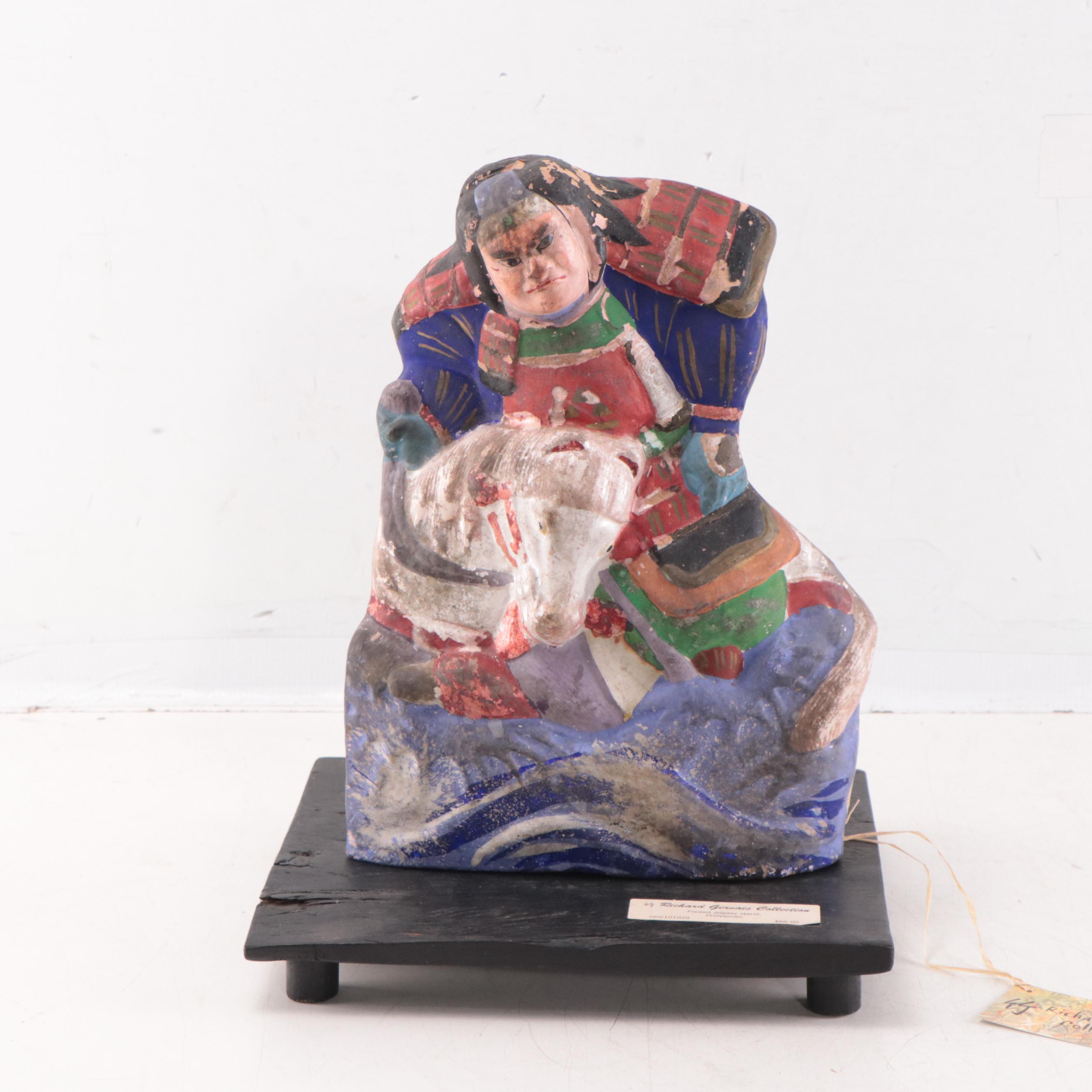 Japanese Folk Art Painted Clay Shogun on Horseback, Late 20th Century