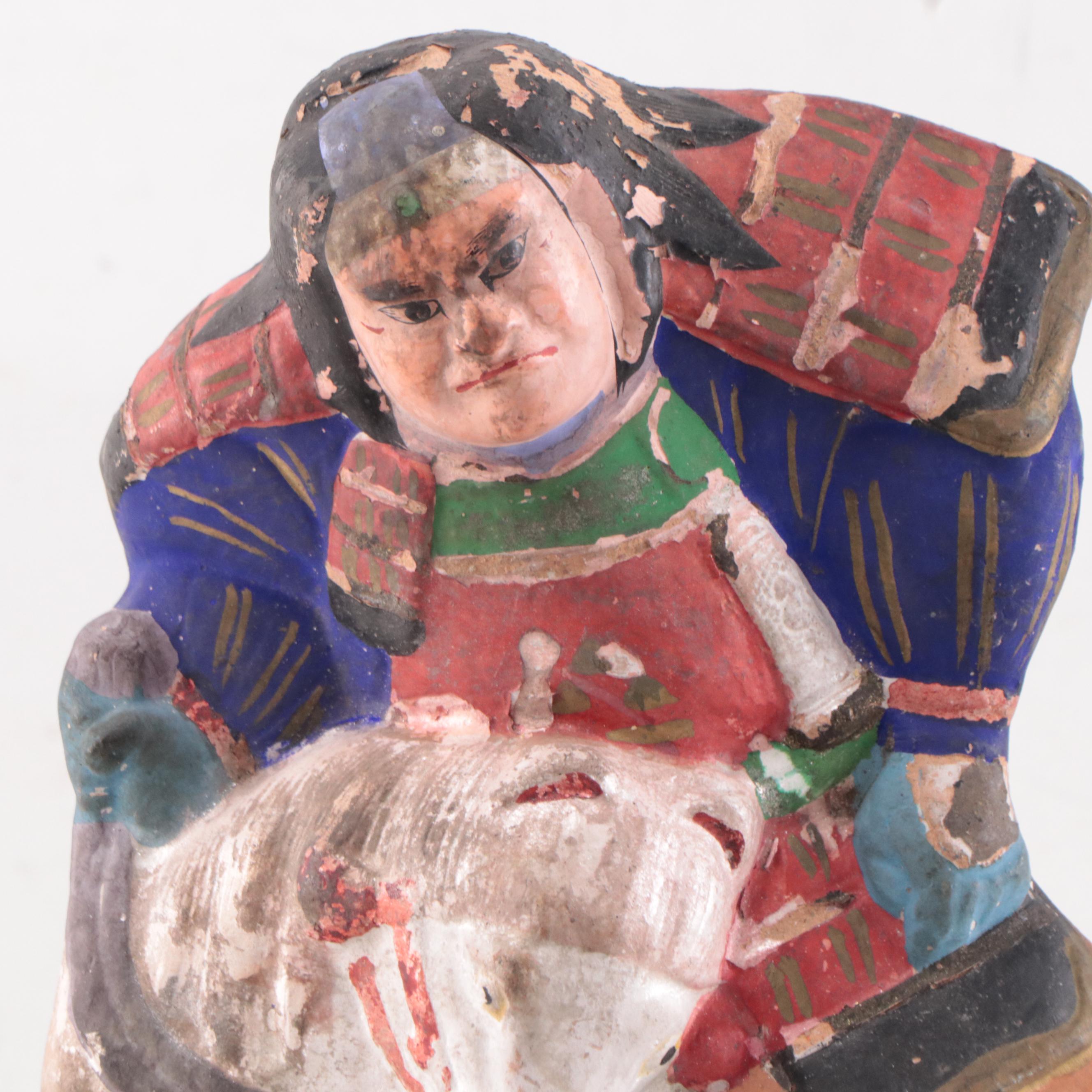 Japanese Folk Art Painted Clay Shogun on Horseback, Late 20th Century