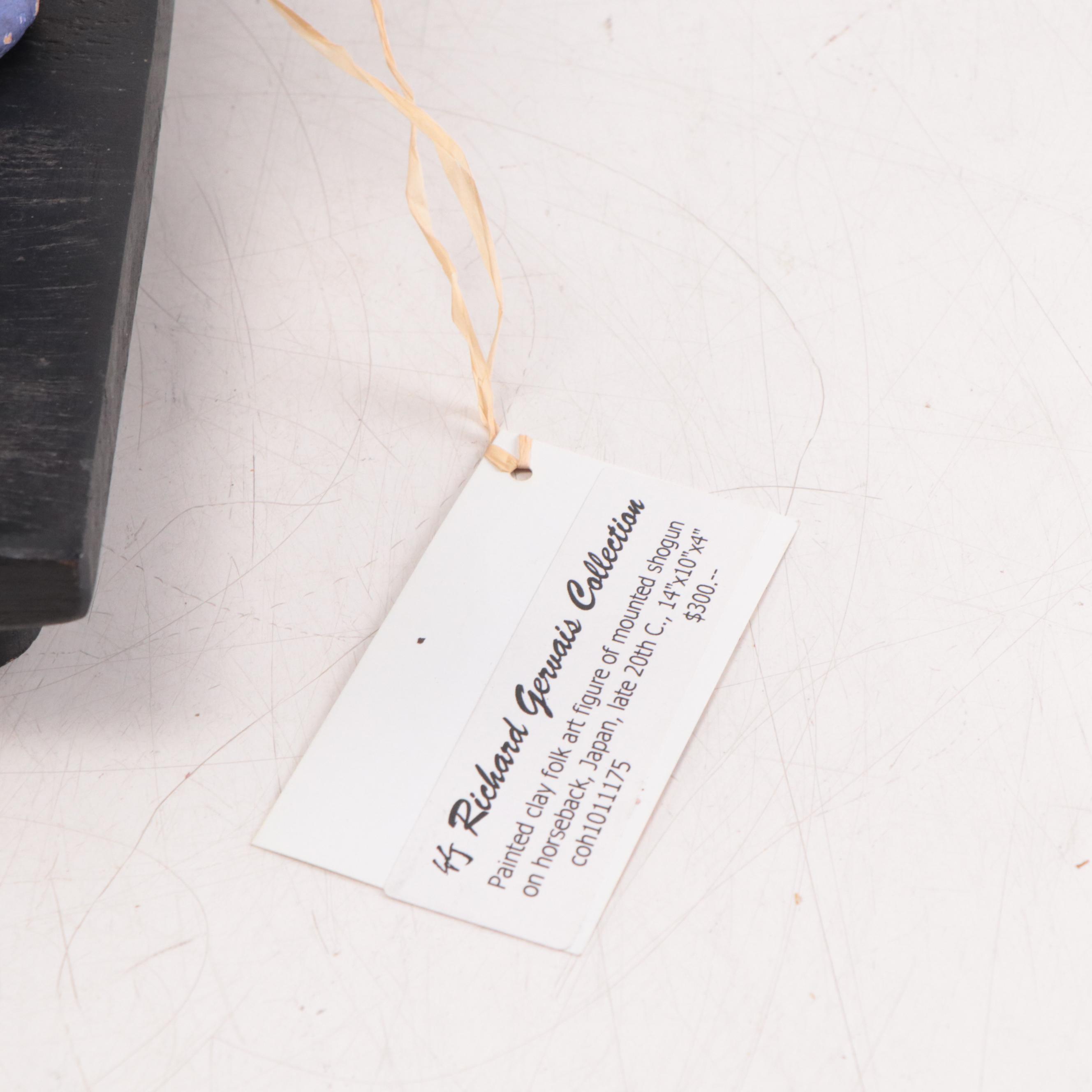 Japanese Folk Art Painted Clay Shogun on Horseback, Late 20th Century