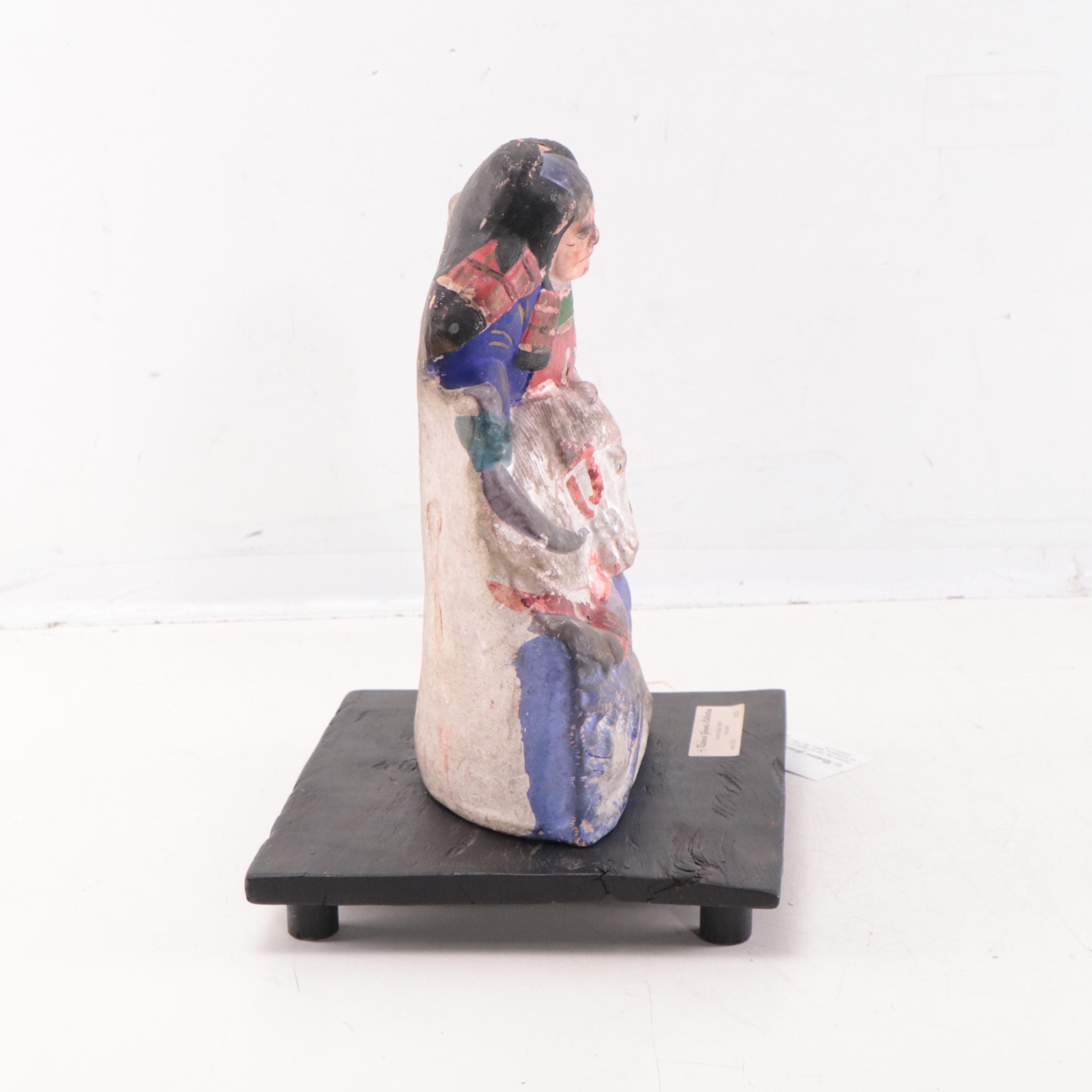 Japanese Folk Art Painted Clay Shogun on Horseback, Late 20th Century