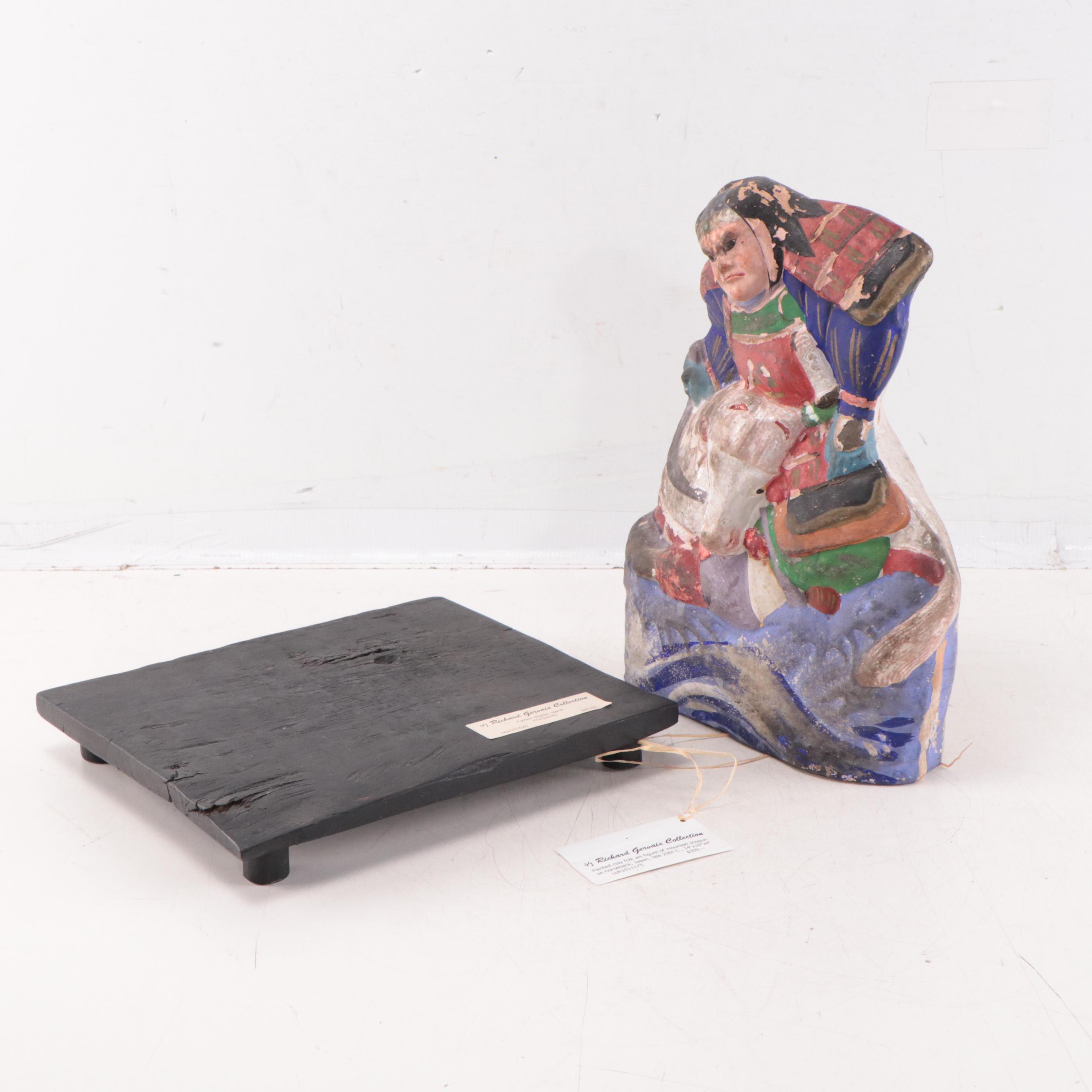 Japanese Folk Art Painted Clay Shogun on Horseback, Late 20th Century