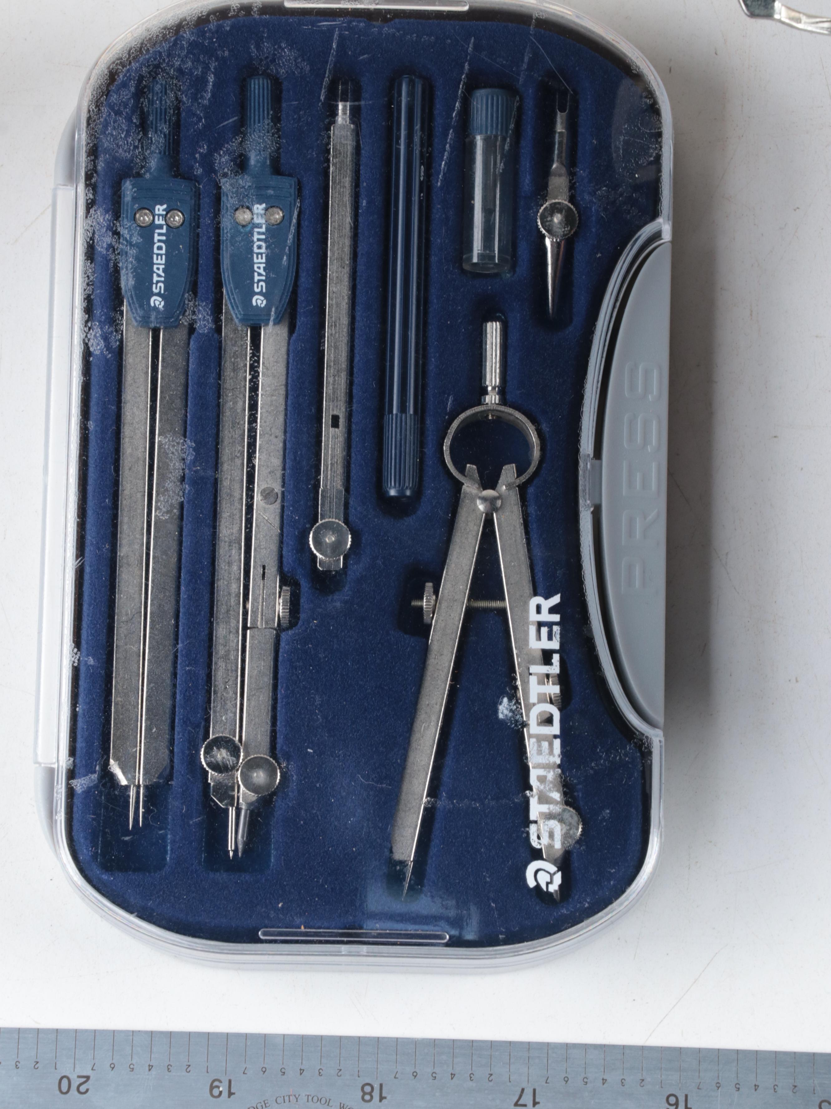 Staedtler and Alvin Compass Sets, Brookstone Brush, Pantograph, Drafting Tools