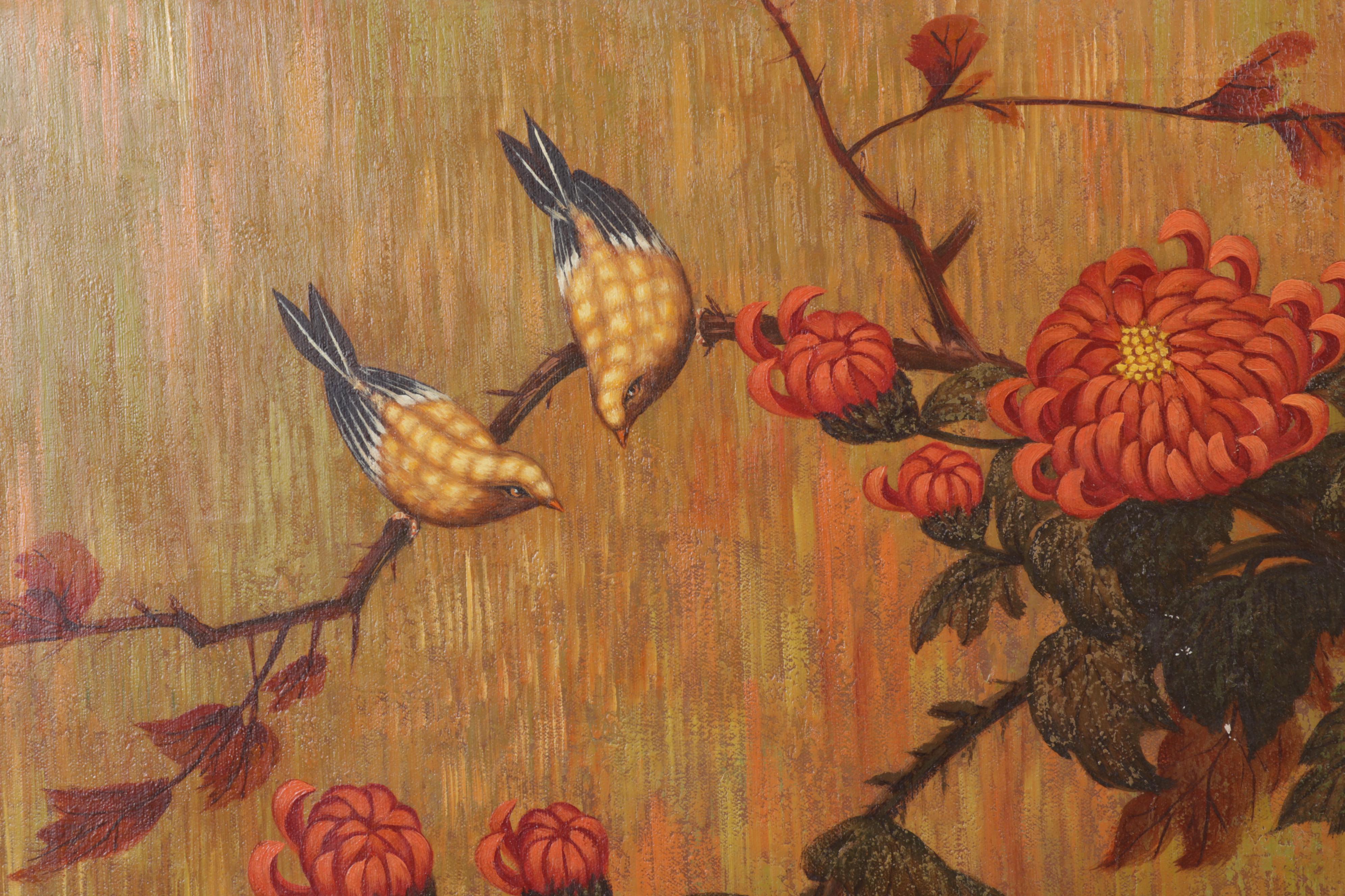 J. Rico Oil Painting of Chrysanthemums and Perched Birds