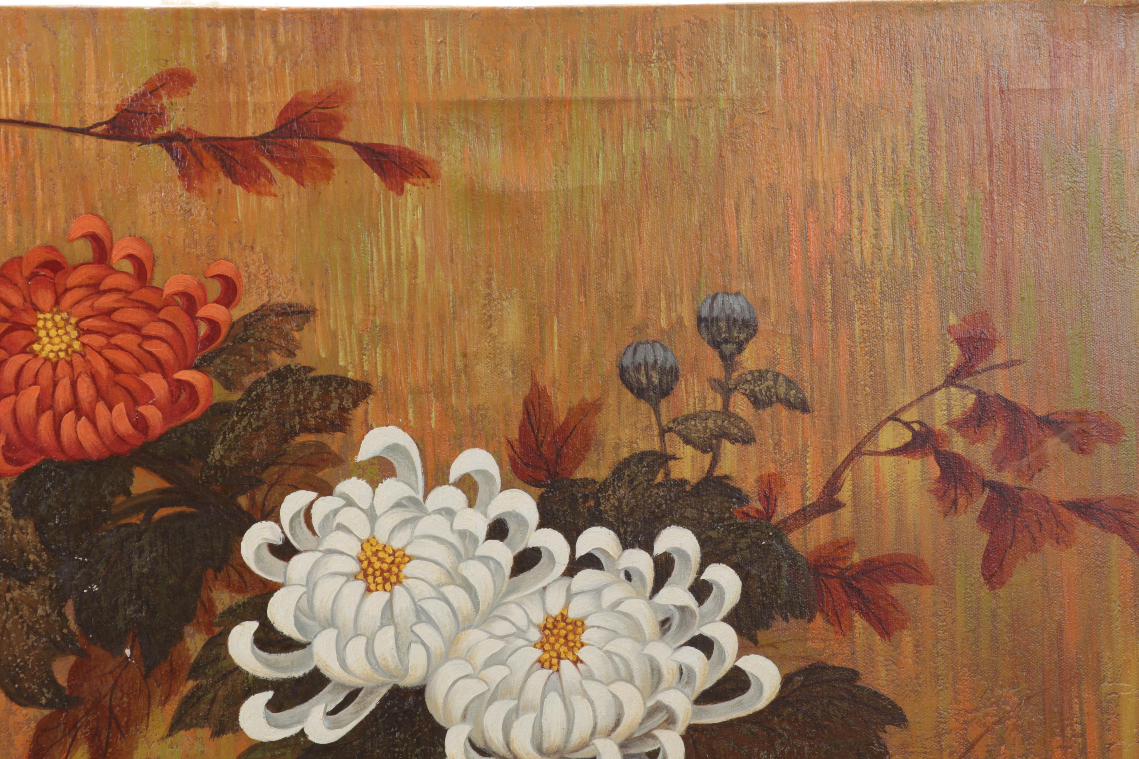 J. Rico Oil Painting of Chrysanthemums and Perched Birds
