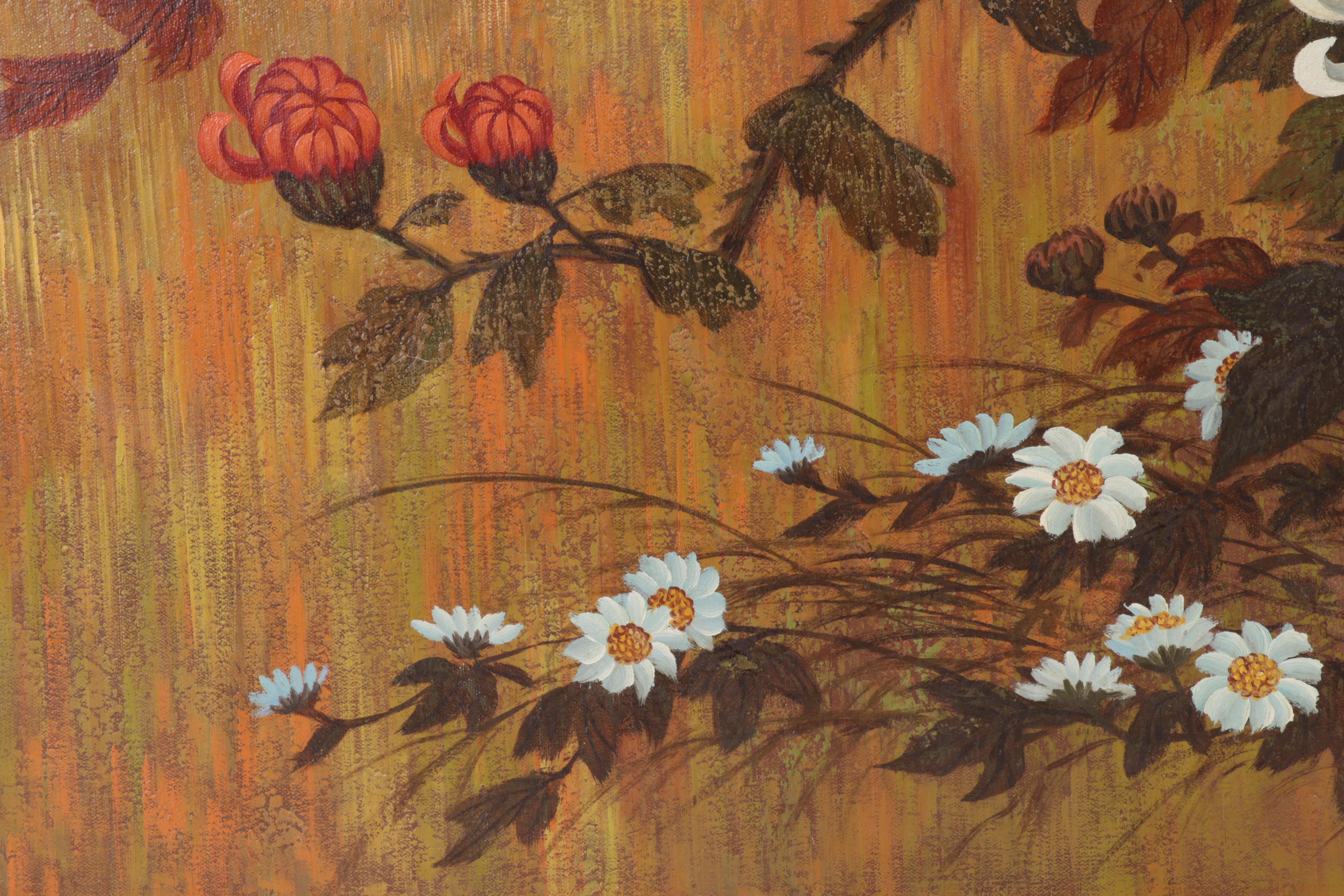 J. Rico Oil Painting of Chrysanthemums and Perched Birds