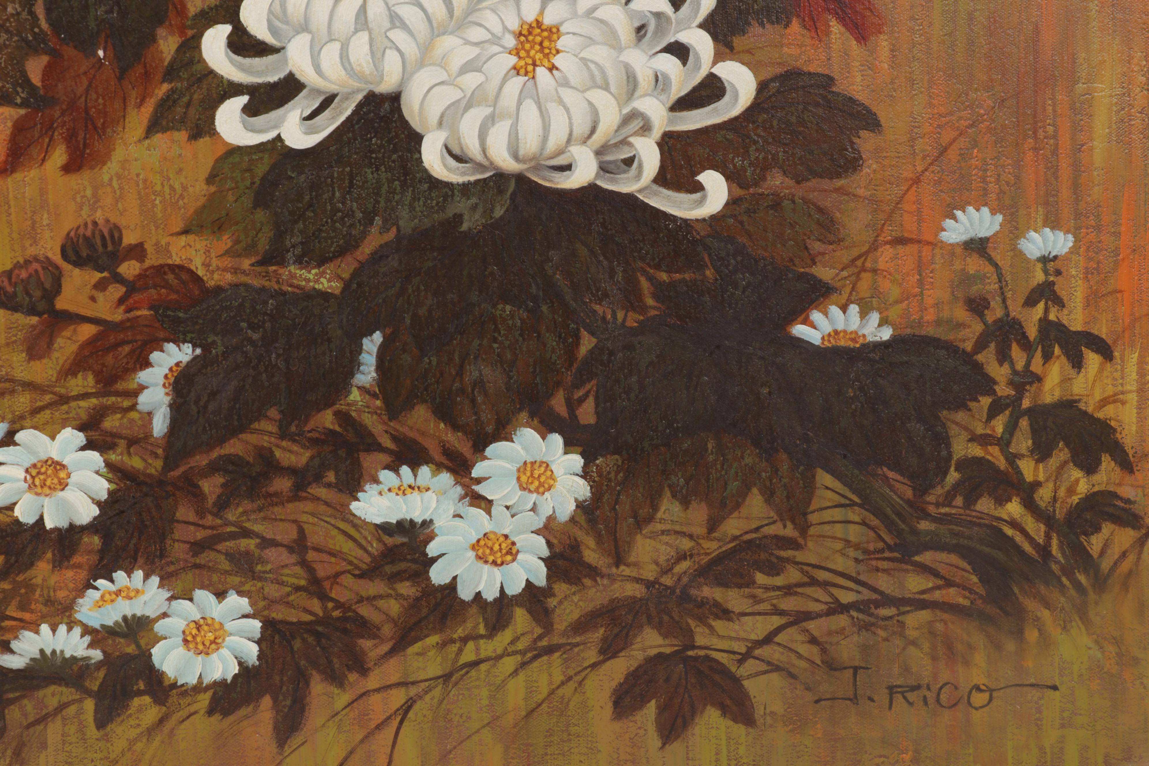 J. Rico Oil Painting of Chrysanthemums and Perched Birds