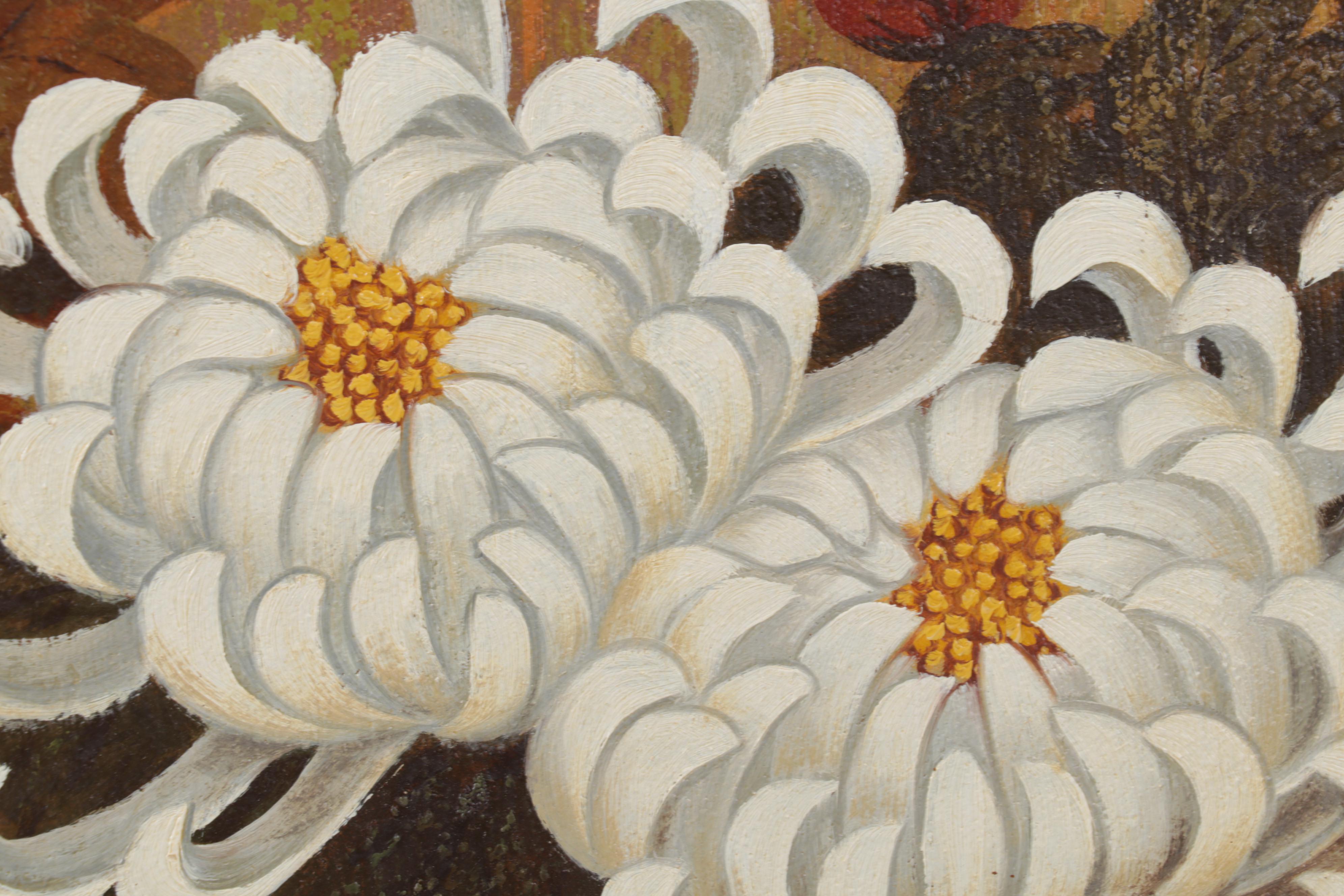 J. Rico Oil Painting of Chrysanthemums and Perched Birds