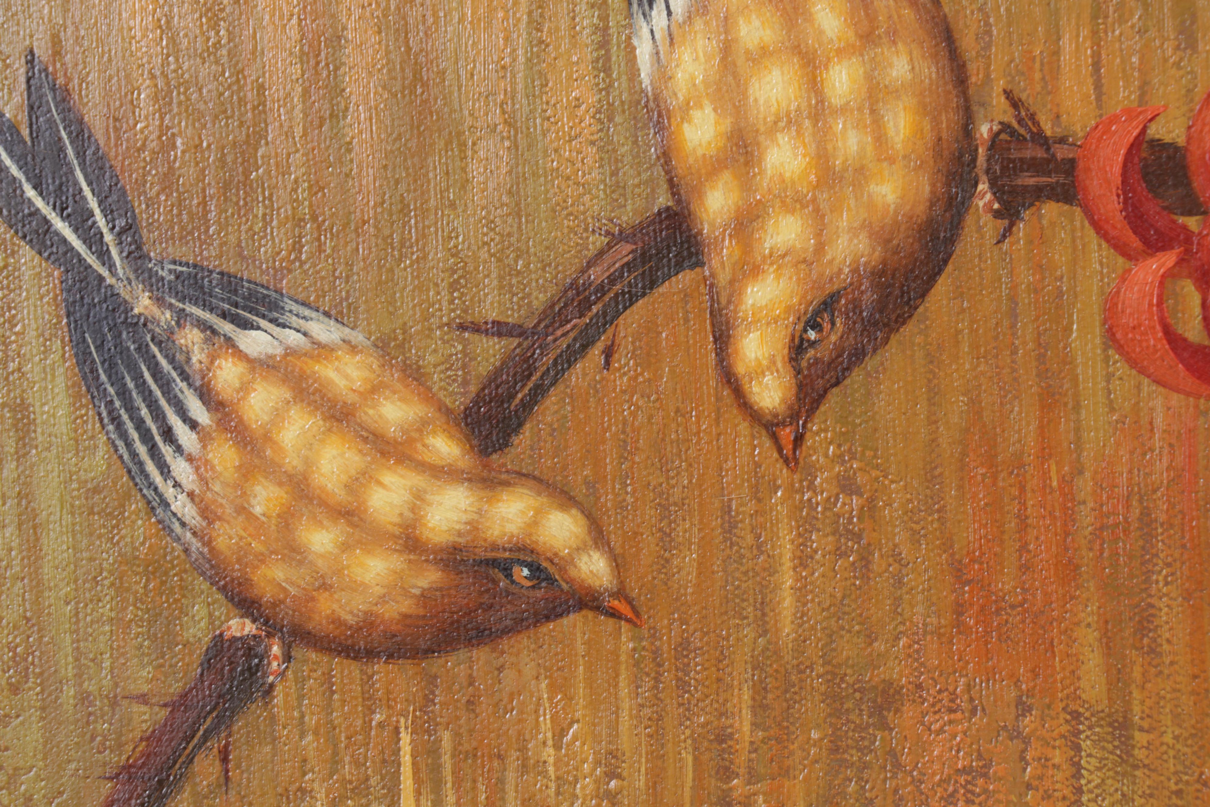 J. Rico Oil Painting of Chrysanthemums and Perched Birds