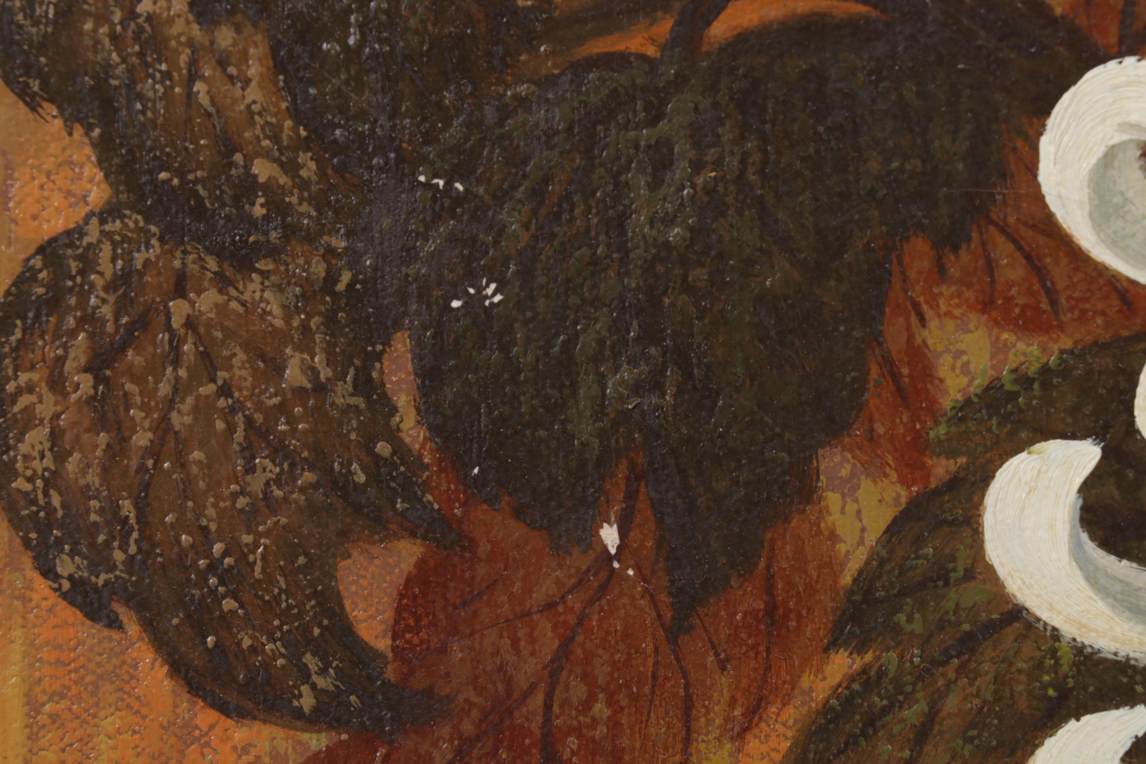 J. Rico Oil Painting of Chrysanthemums and Perched Birds