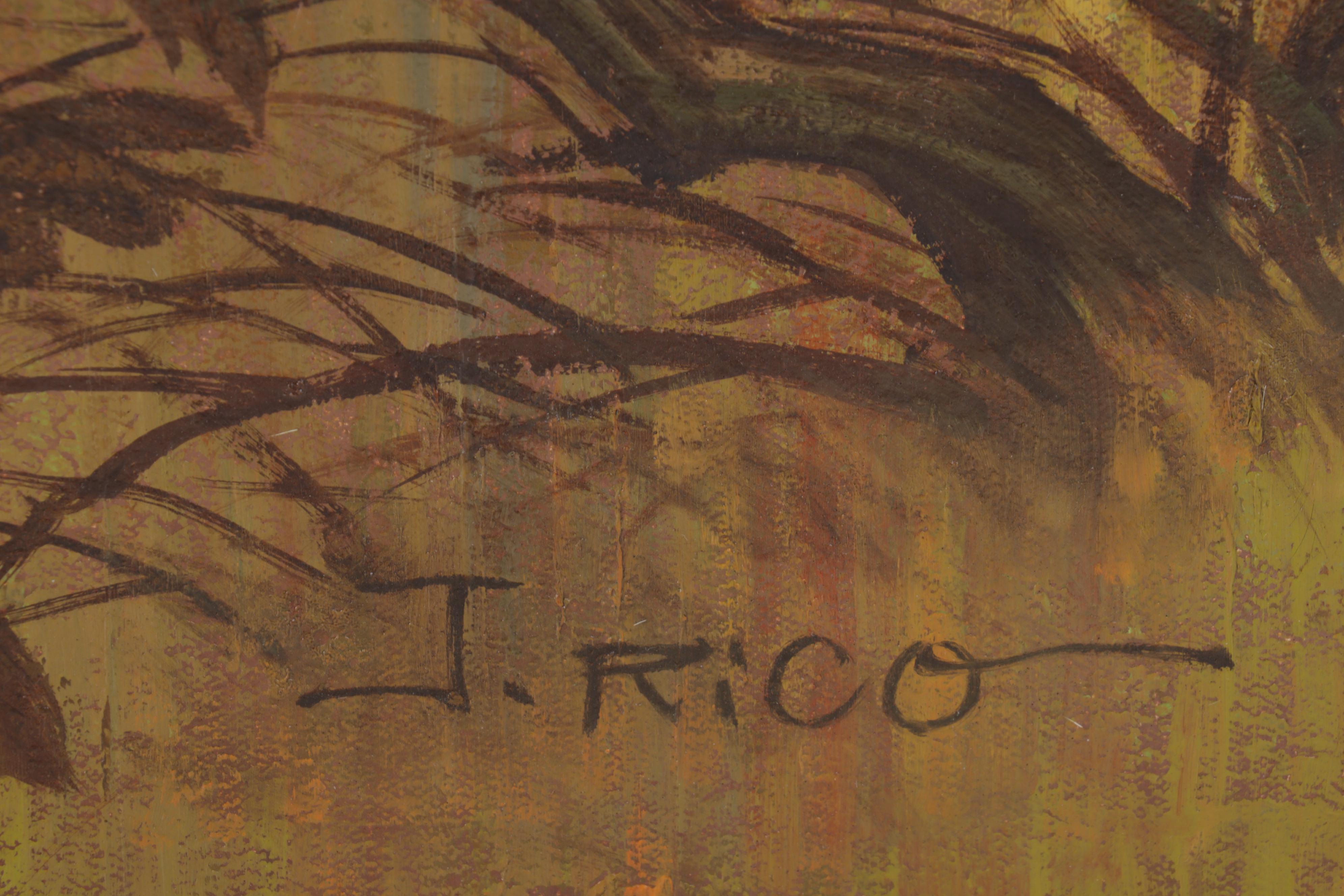 J. Rico Oil Painting of Chrysanthemums and Perched Birds