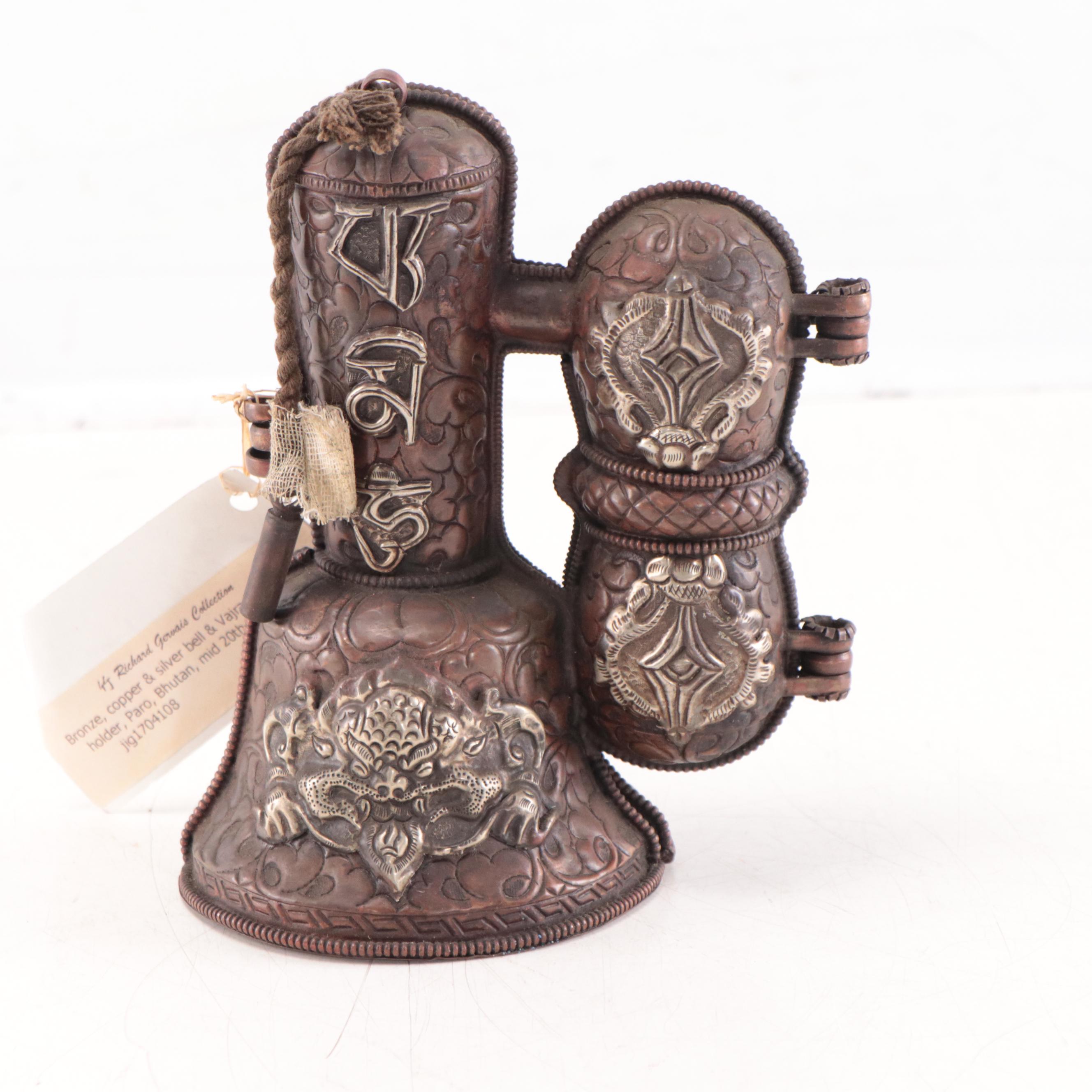 Bhutanese Copper and Silvered Metal Bell and Vajra Ritual Objects Holder