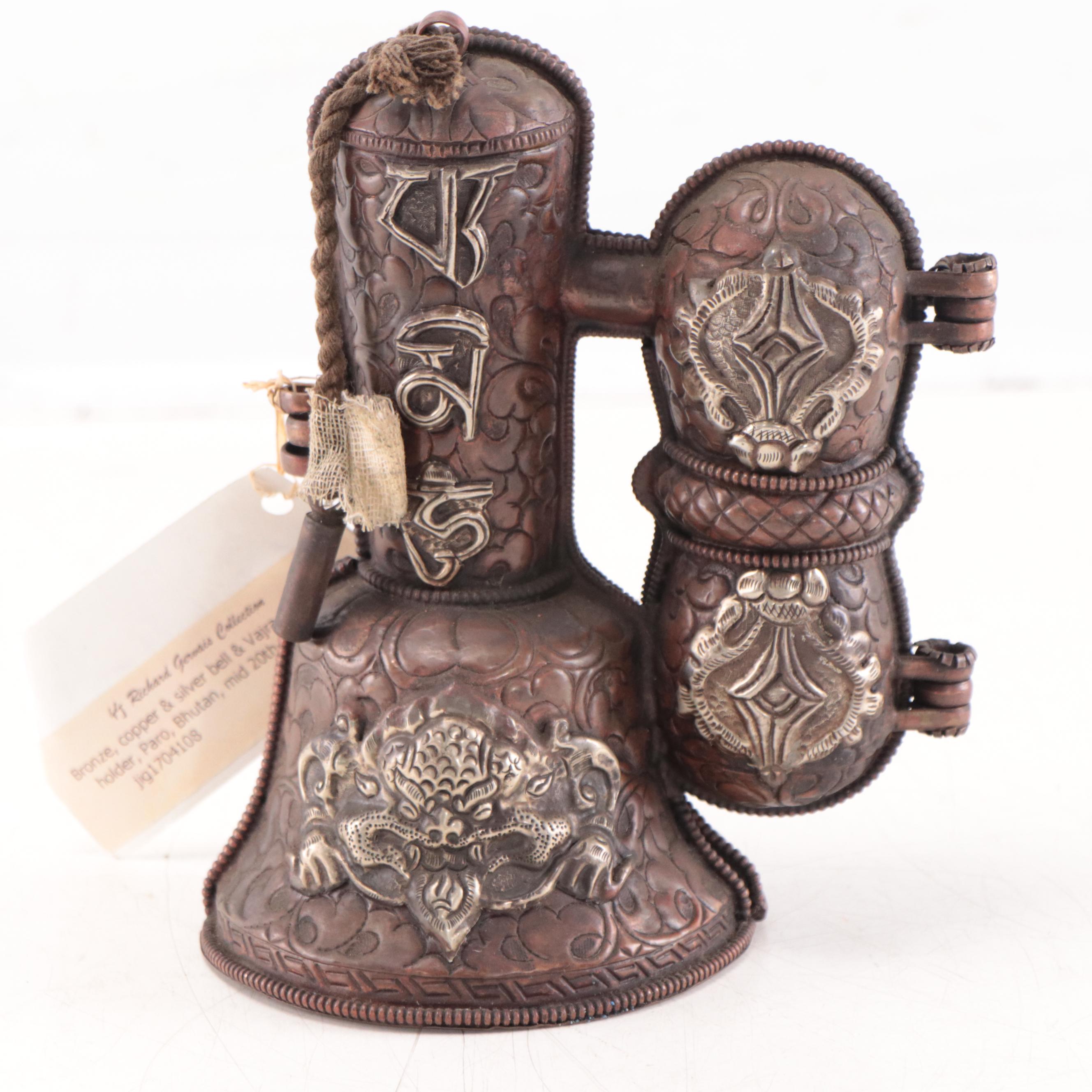 Bhutanese Copper and Silvered Metal Bell and Vajra Ritual Objects Holder