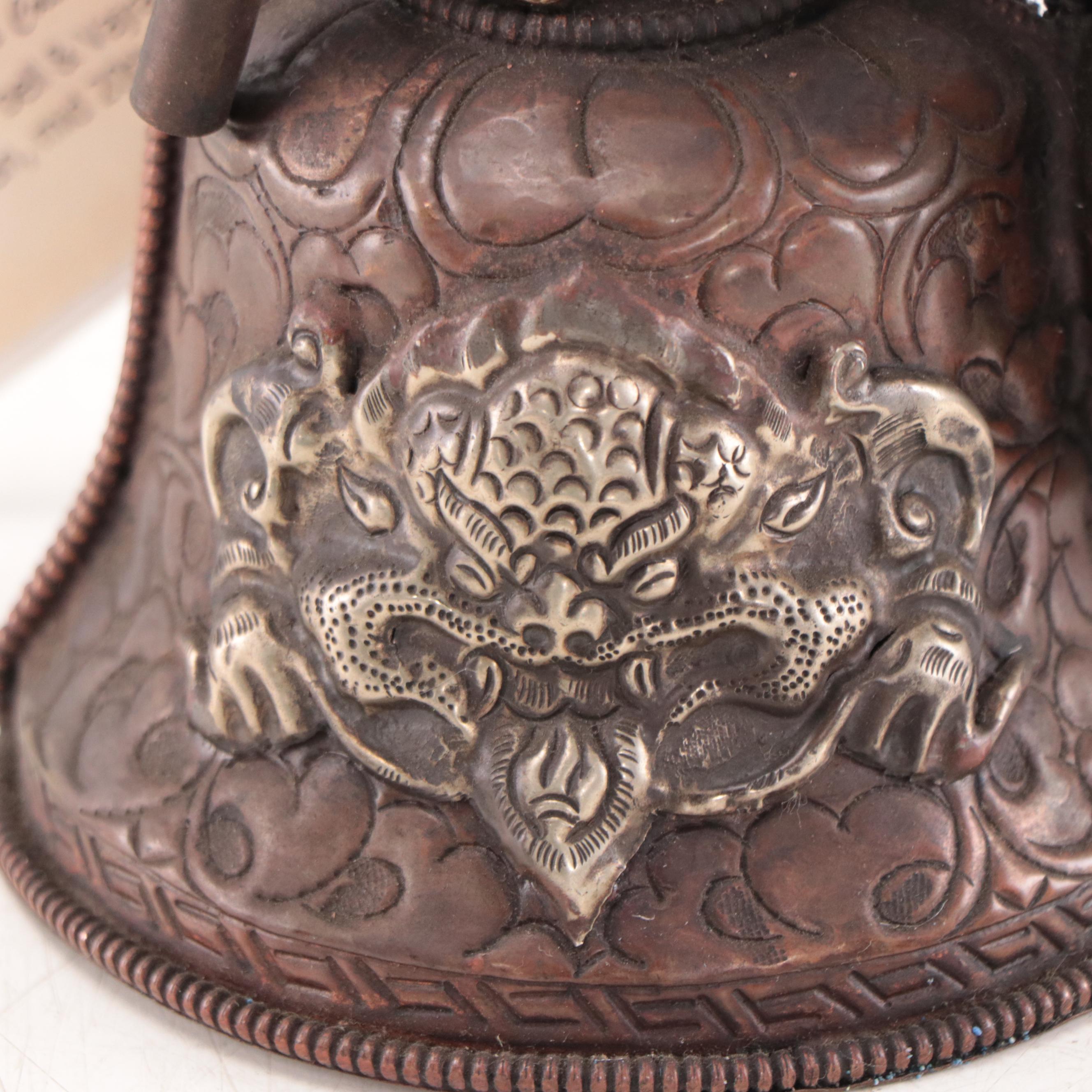 Bhutanese Copper and Silvered Metal Bell and Vajra Ritual Objects Holder