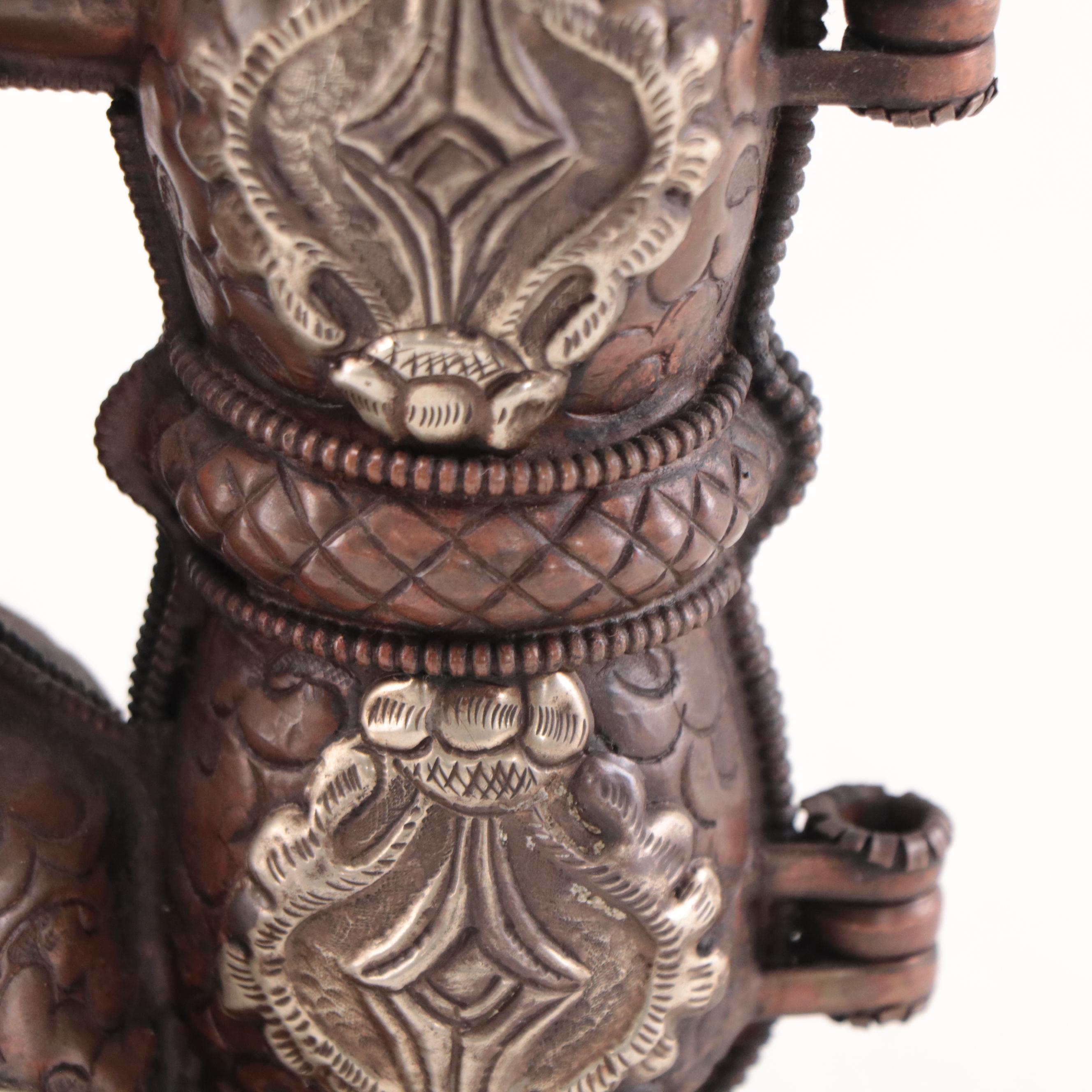 Bhutanese Copper and Silvered Metal Bell and Vajra Ritual Objects Holder