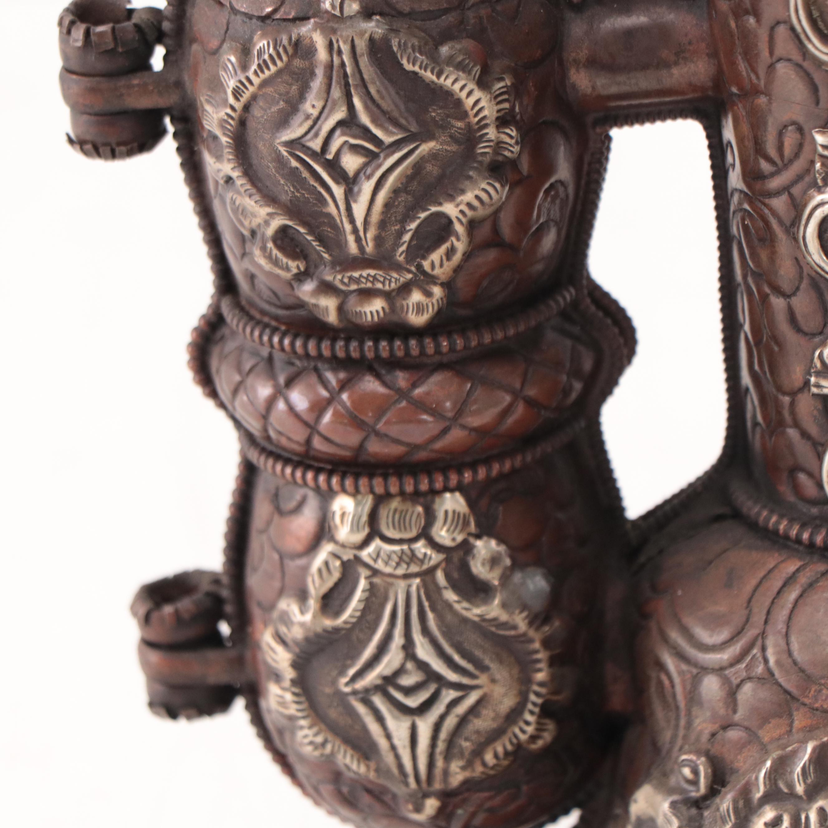 Bhutanese Copper and Silvered Metal Bell and Vajra Ritual Objects Holder