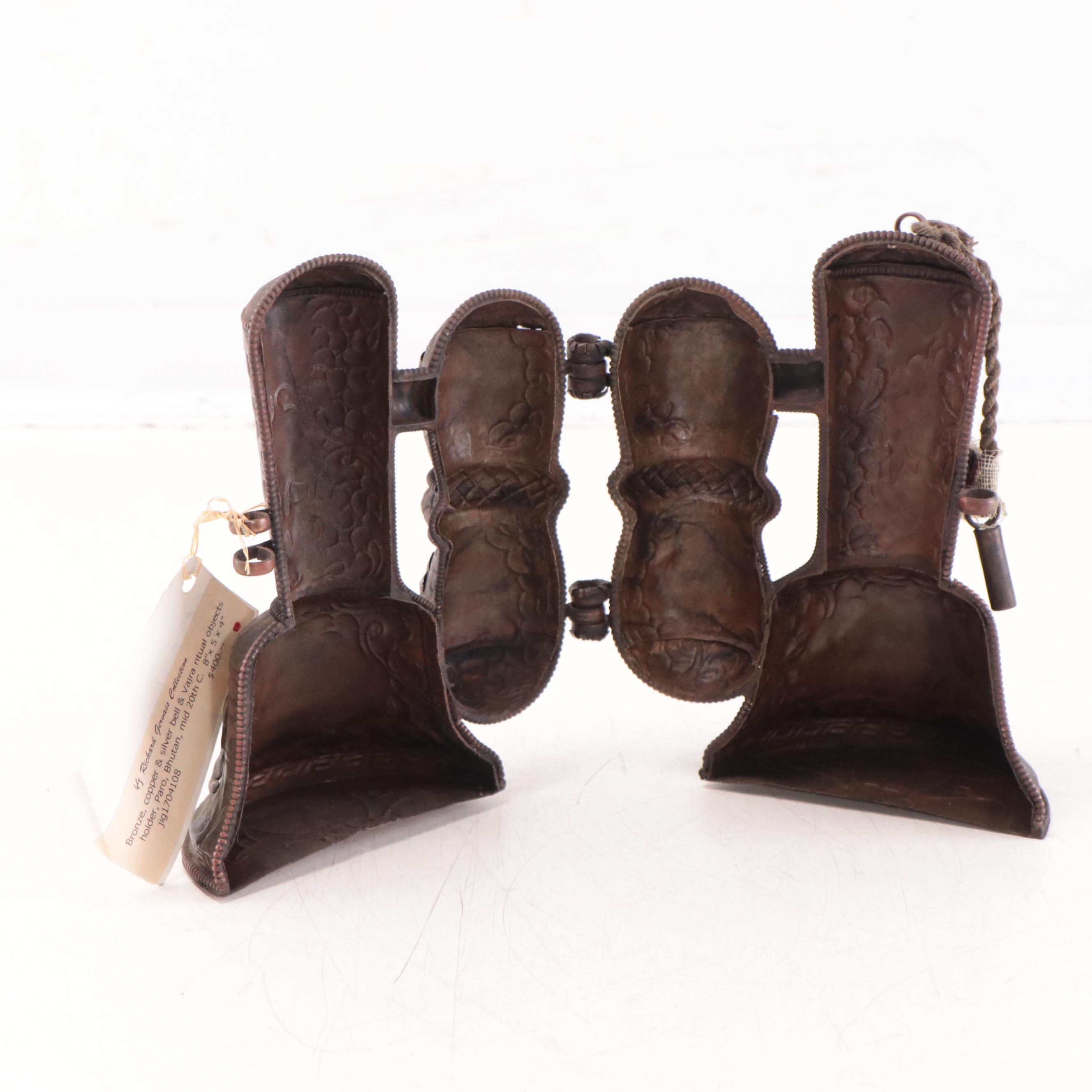 Bhutanese Copper and Silvered Metal Bell and Vajra Ritual Objects Holder