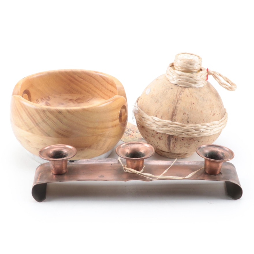 Copper Candle Holder with Decorative Yarn Bowl and Cork Wrapped Plastic Bottle