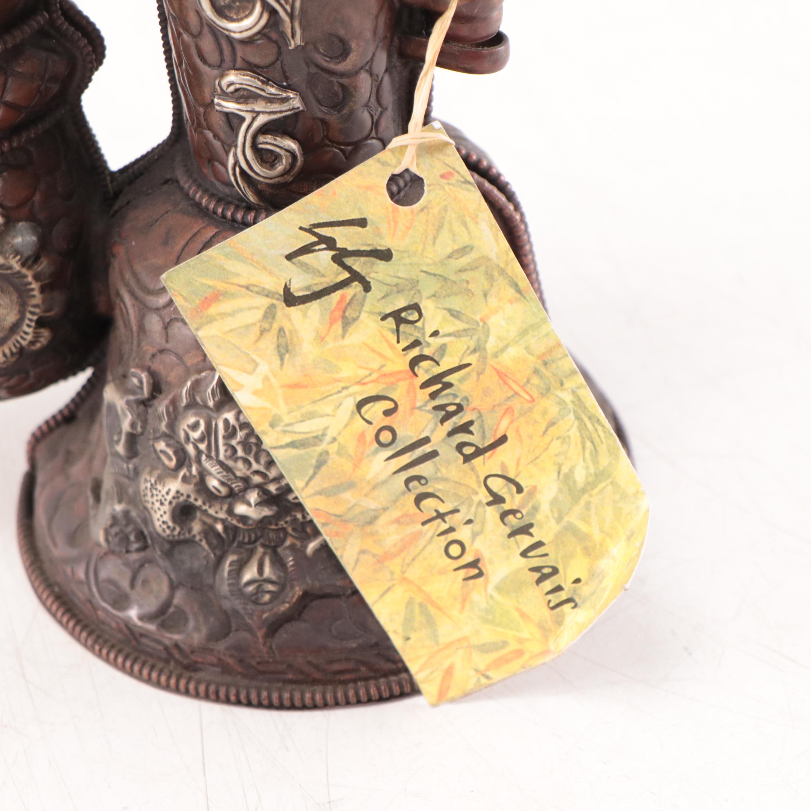 Bhutanese Copper and Silvered Metal Bell and Vajra Ritual Objects Holder