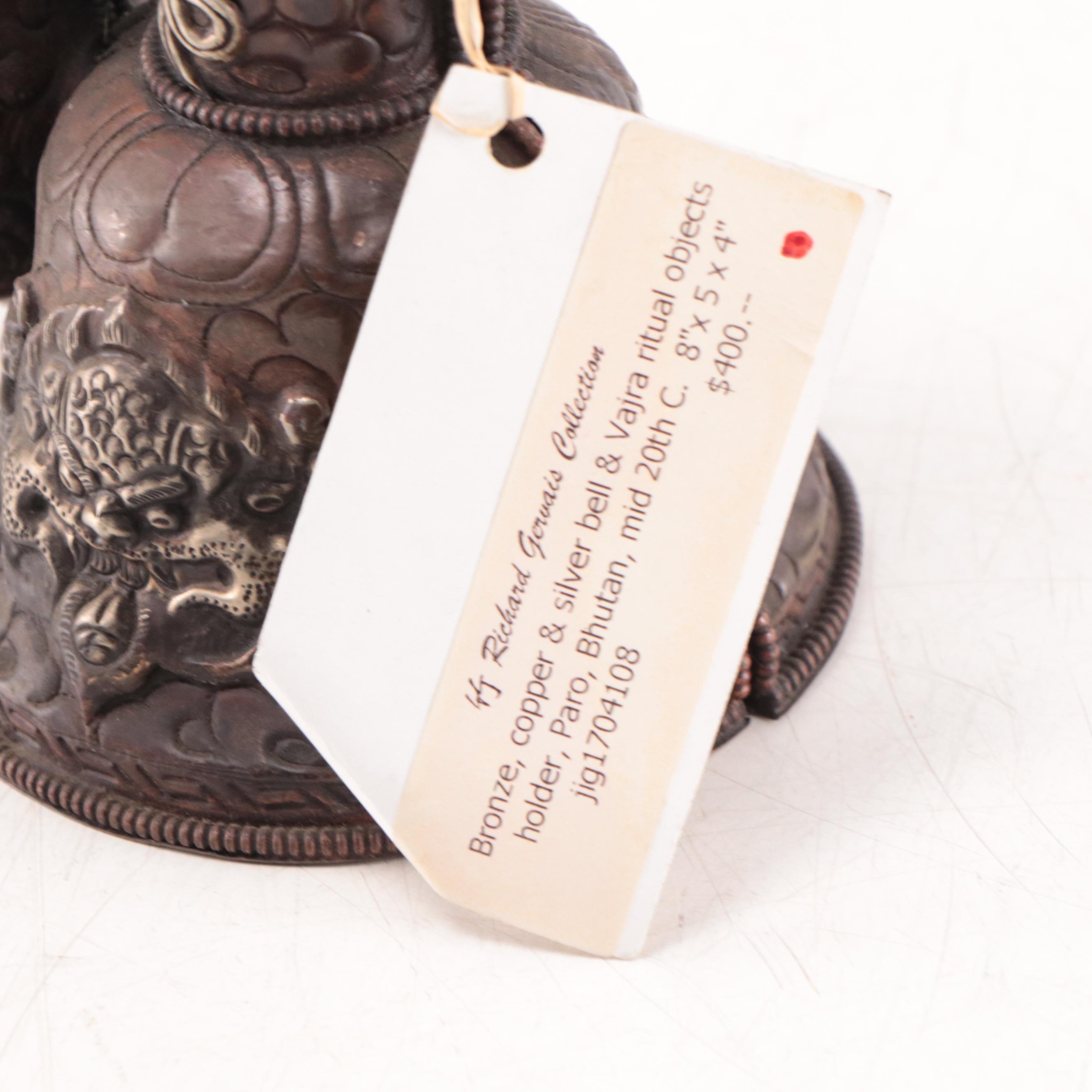 Bhutanese Copper and Silvered Metal Bell and Vajra Ritual Objects Holder