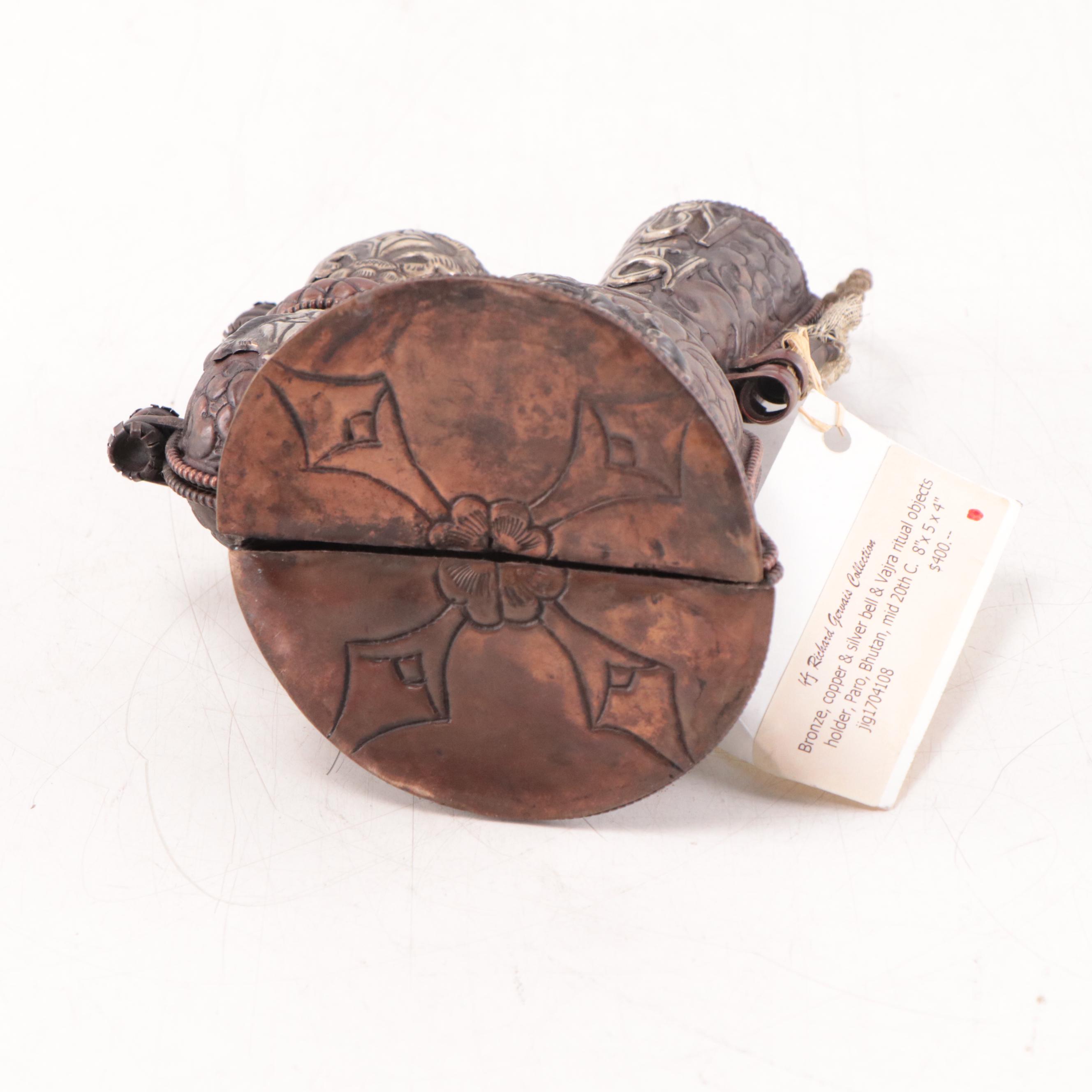 Bhutanese Copper and Silvered Metal Bell and Vajra Ritual Objects Holder