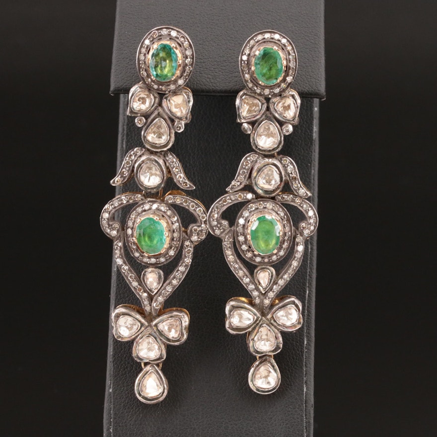 Sterling and 14K Diamond and Emerald Earrings