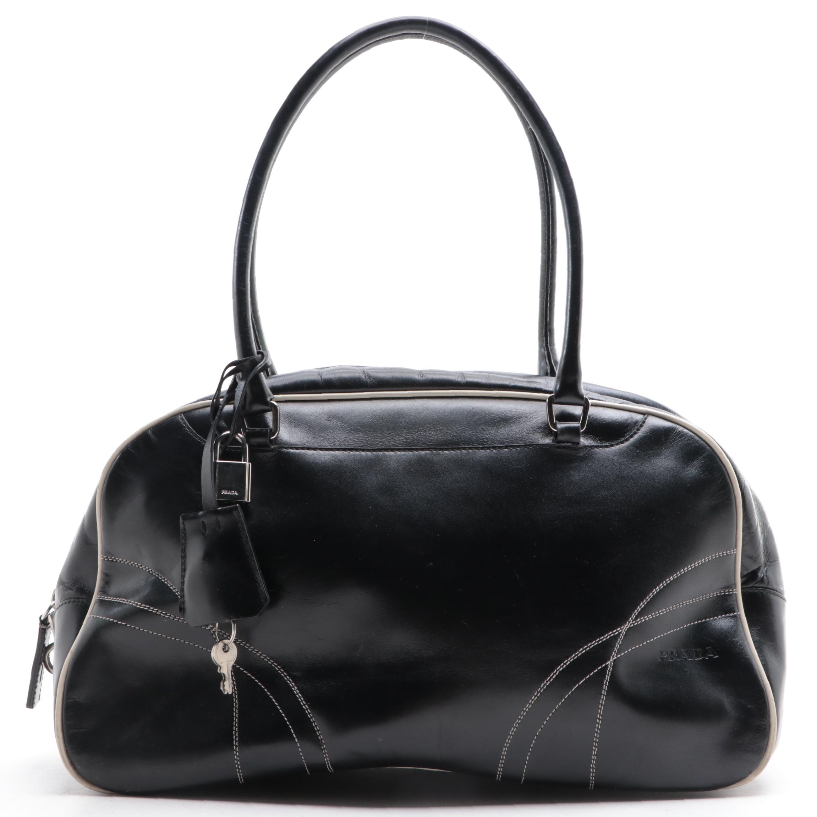 Prada Bowling Bag B11296 in Easy Calf Leather with Contrast Trim