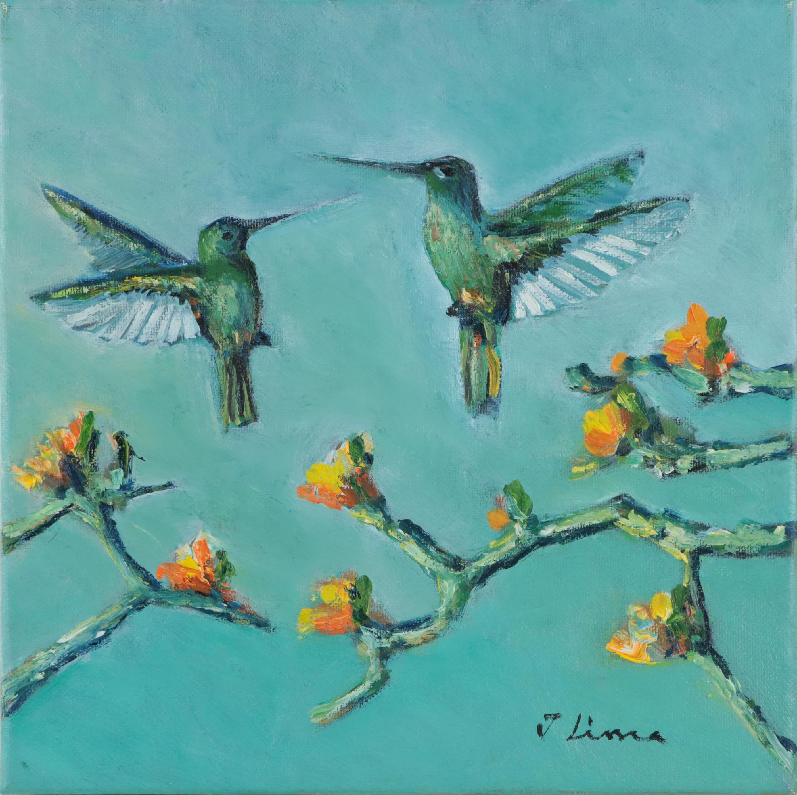 José M. Lima Oil Painting of Hummingbirds, 2023