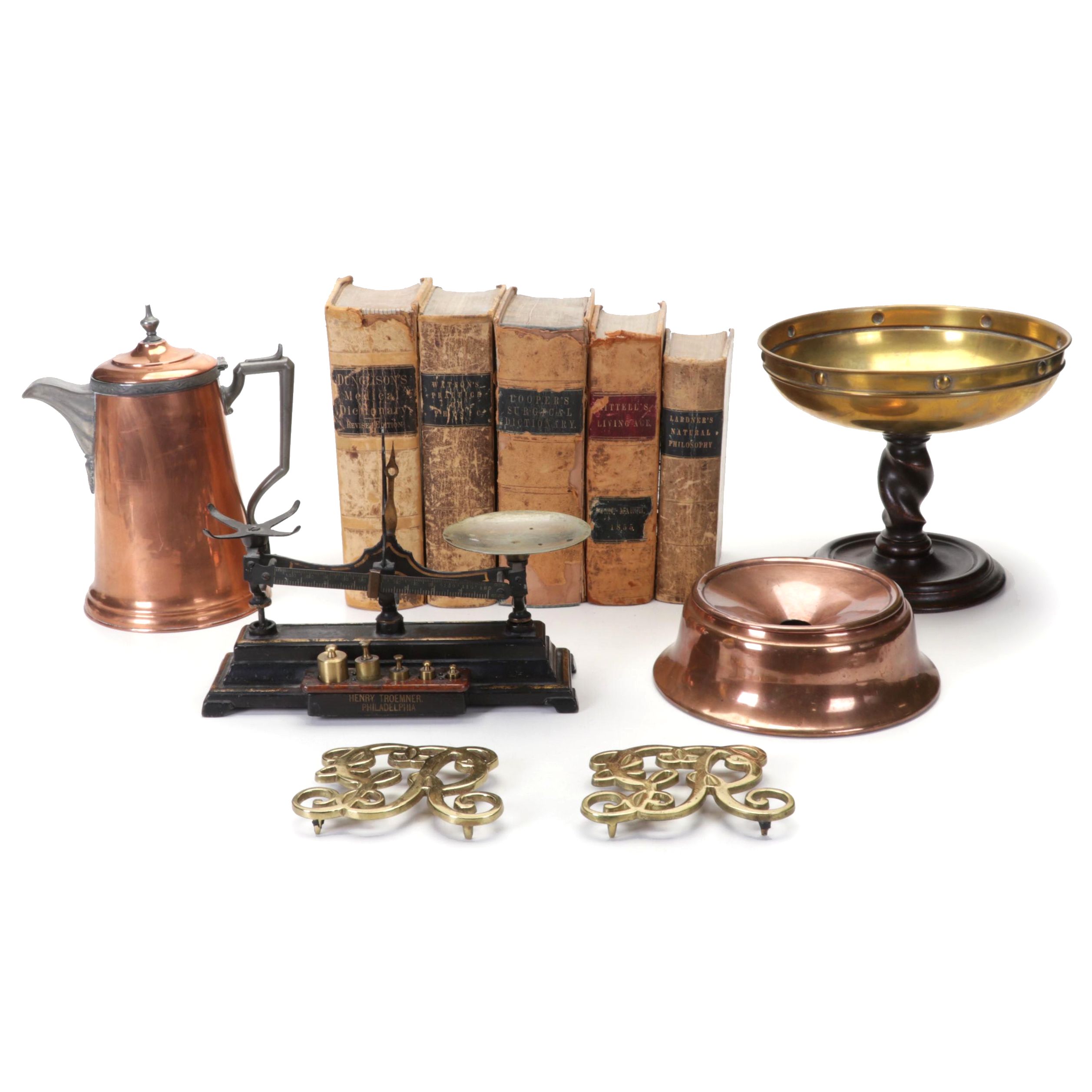 Medical Books, Troemner Tabletop Scale, Copper Spittoon, Kettle, and More