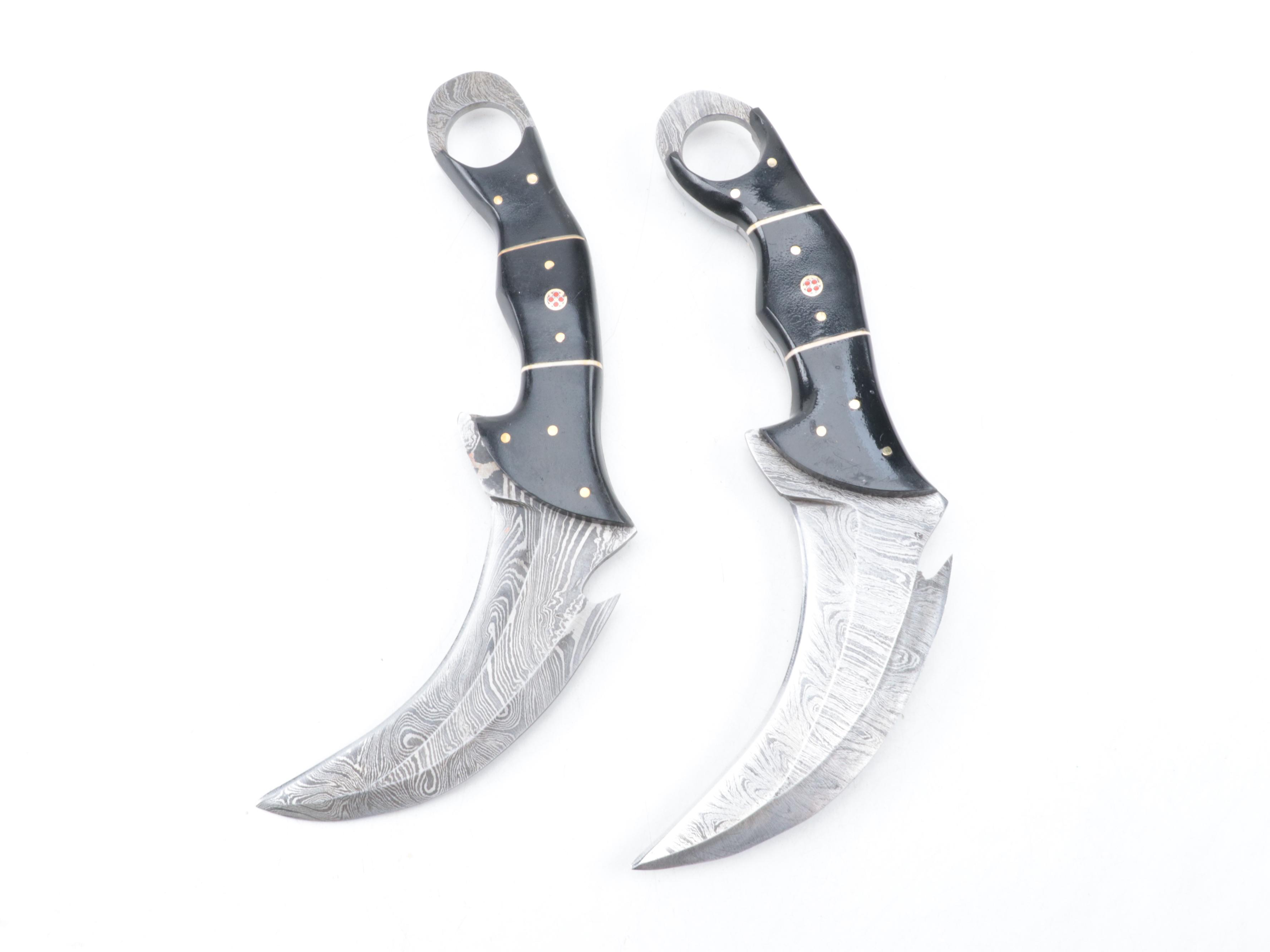 Damascus Steel Karambit Style Knives with Leather Scabbards