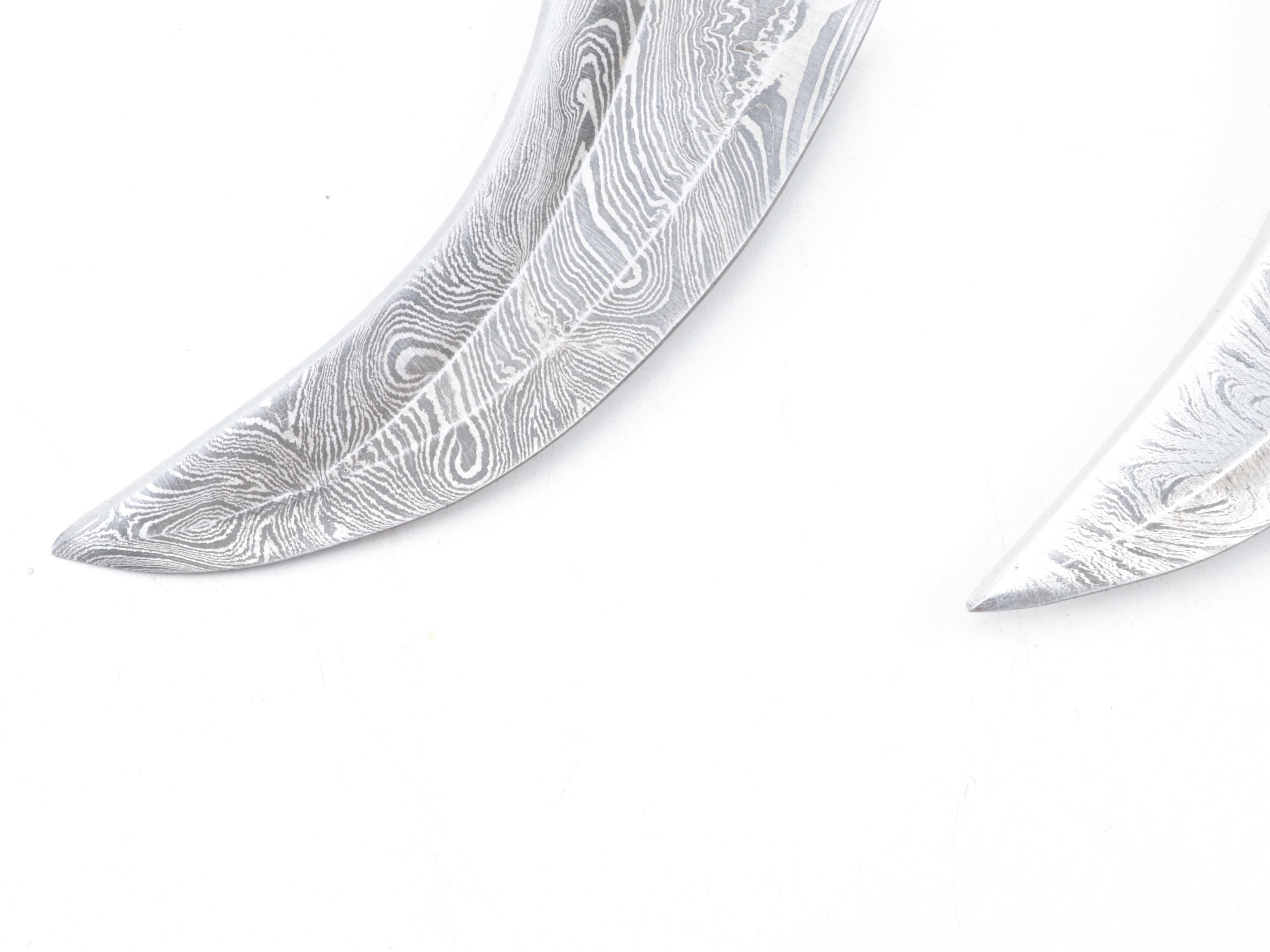 Damascus Steel Karambit Style Knives with Leather Scabbards
