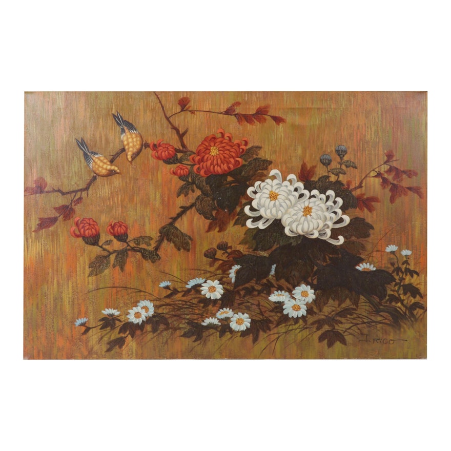 J. Rico Oil Painting of Chrysanthemums and Perched Birds