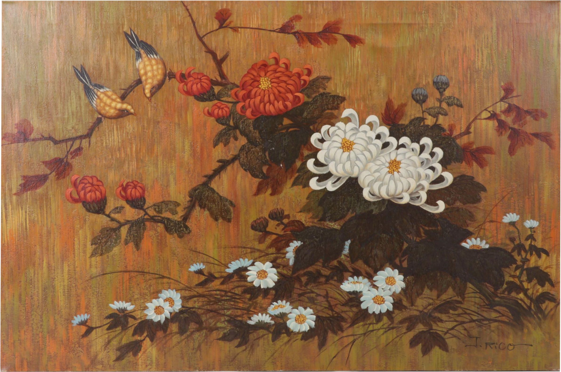 J. Rico Oil Painting of Chrysanthemums and Perched Birds