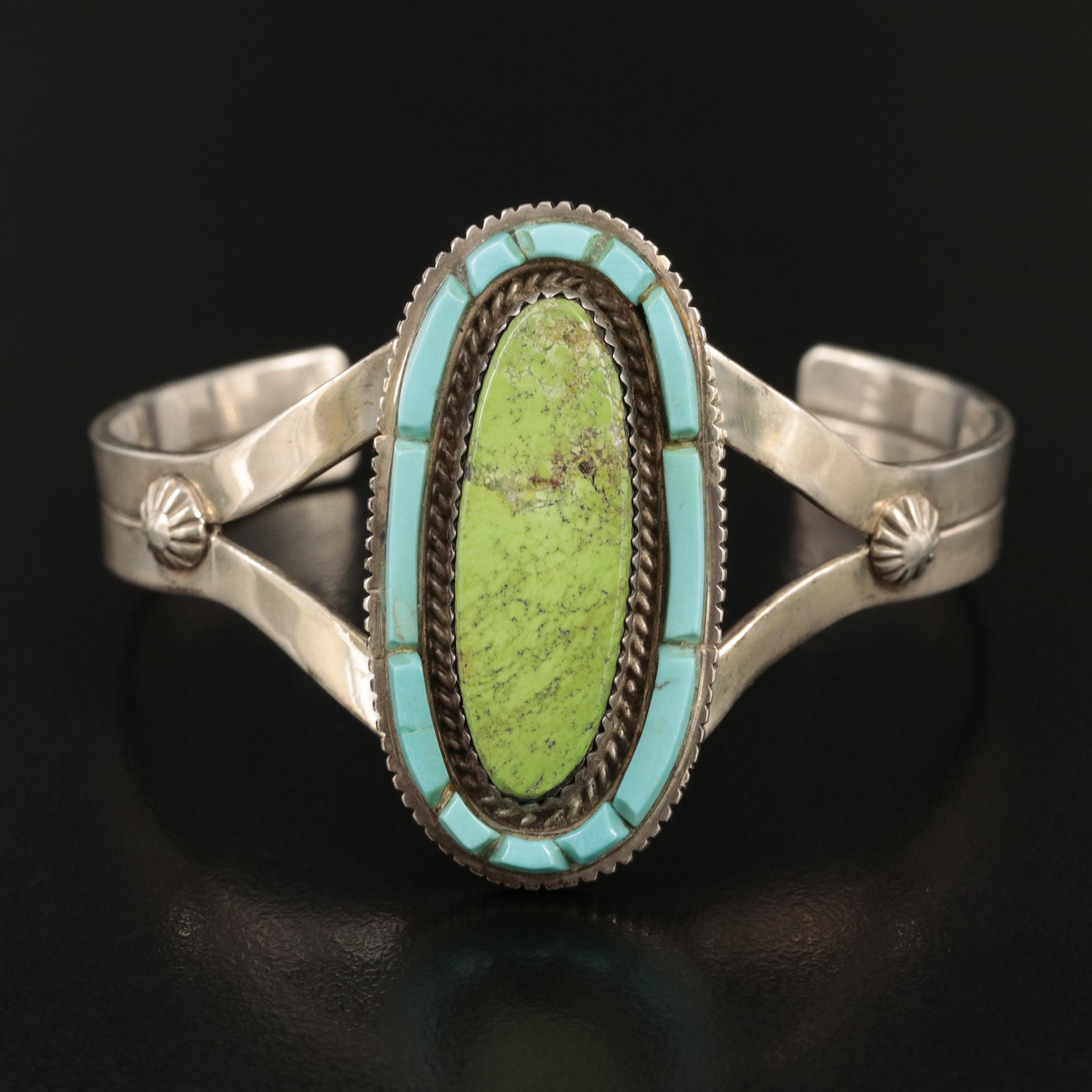 Tom David Navajo Diné Sterling Gaspeite and Turquoise Cuff