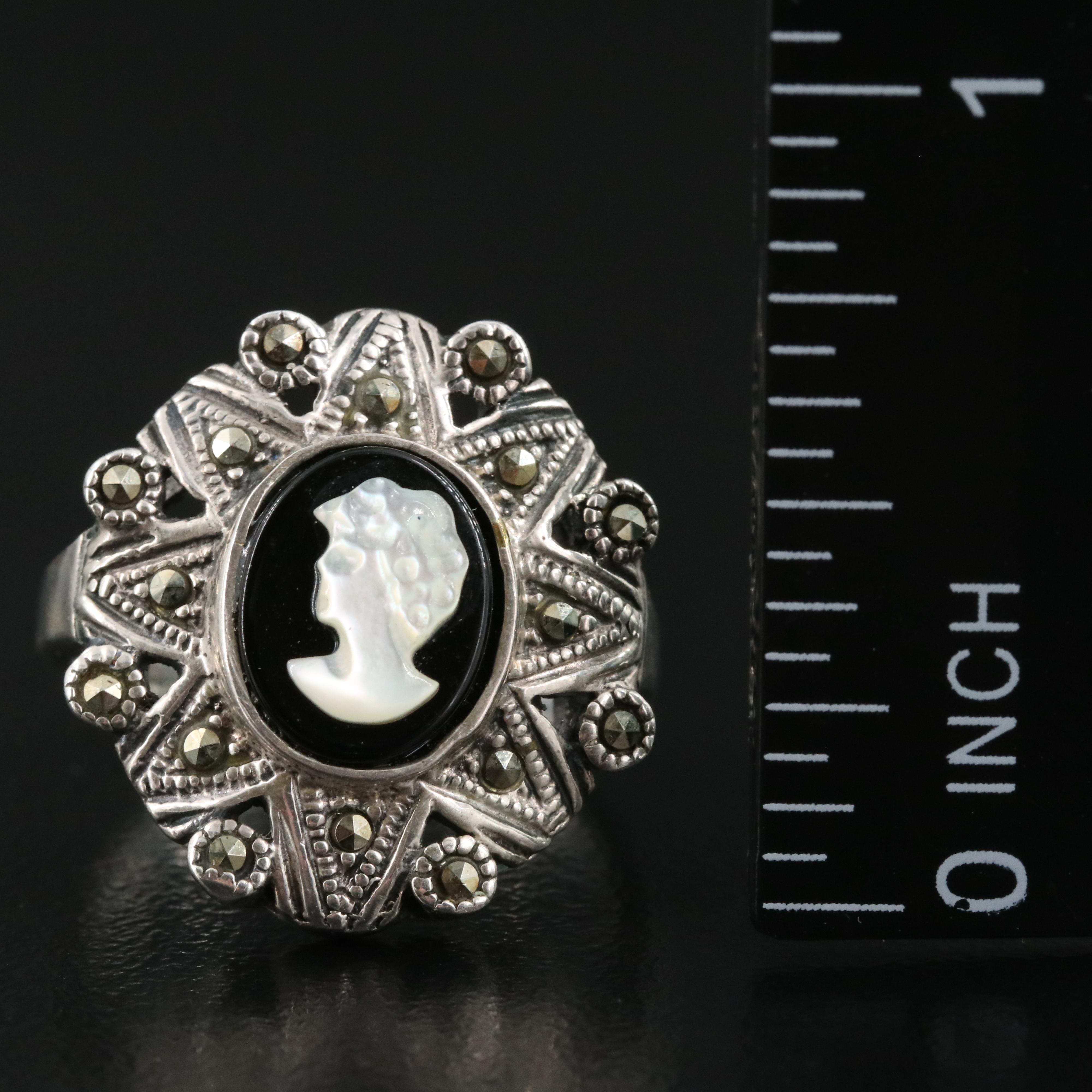 Vintage Sterling Black Onyx and Mother-of-Pearl Cameo Ring with Marcasite