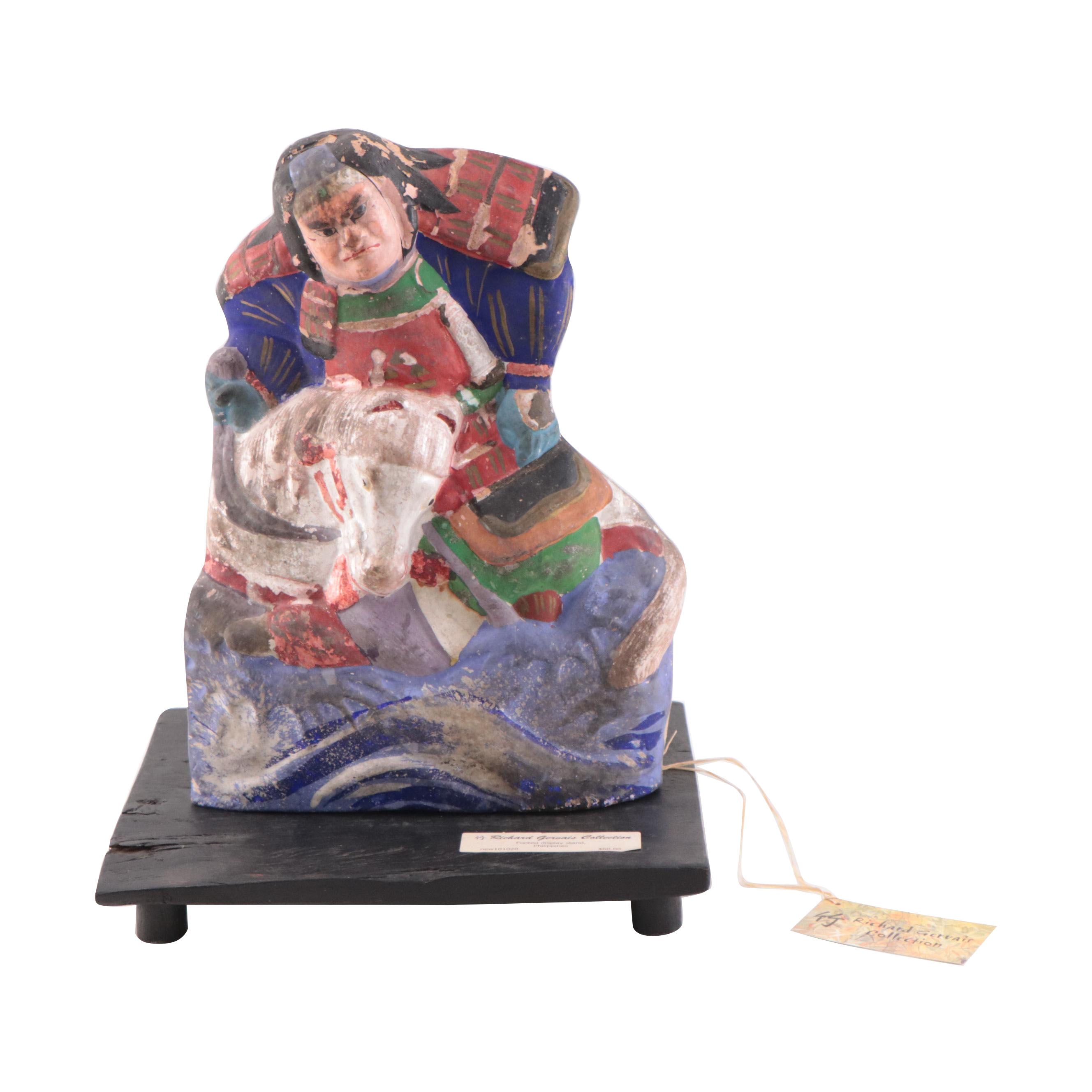 Japanese Folk Art Painted Clay Shogun on Horseback, Late 20th Century