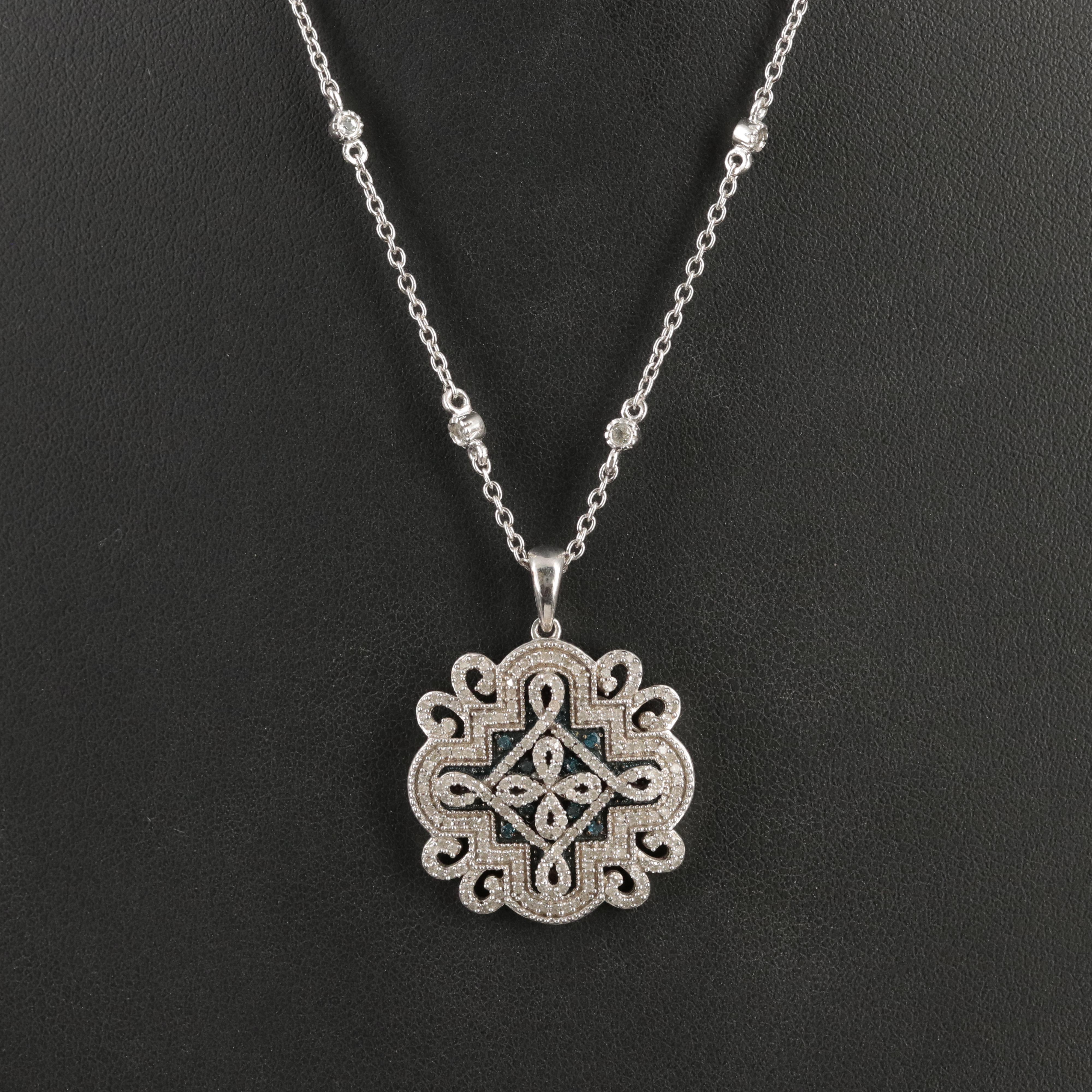 Sterling Diamond and Sapphire Quatrefoil Pendant Necklace