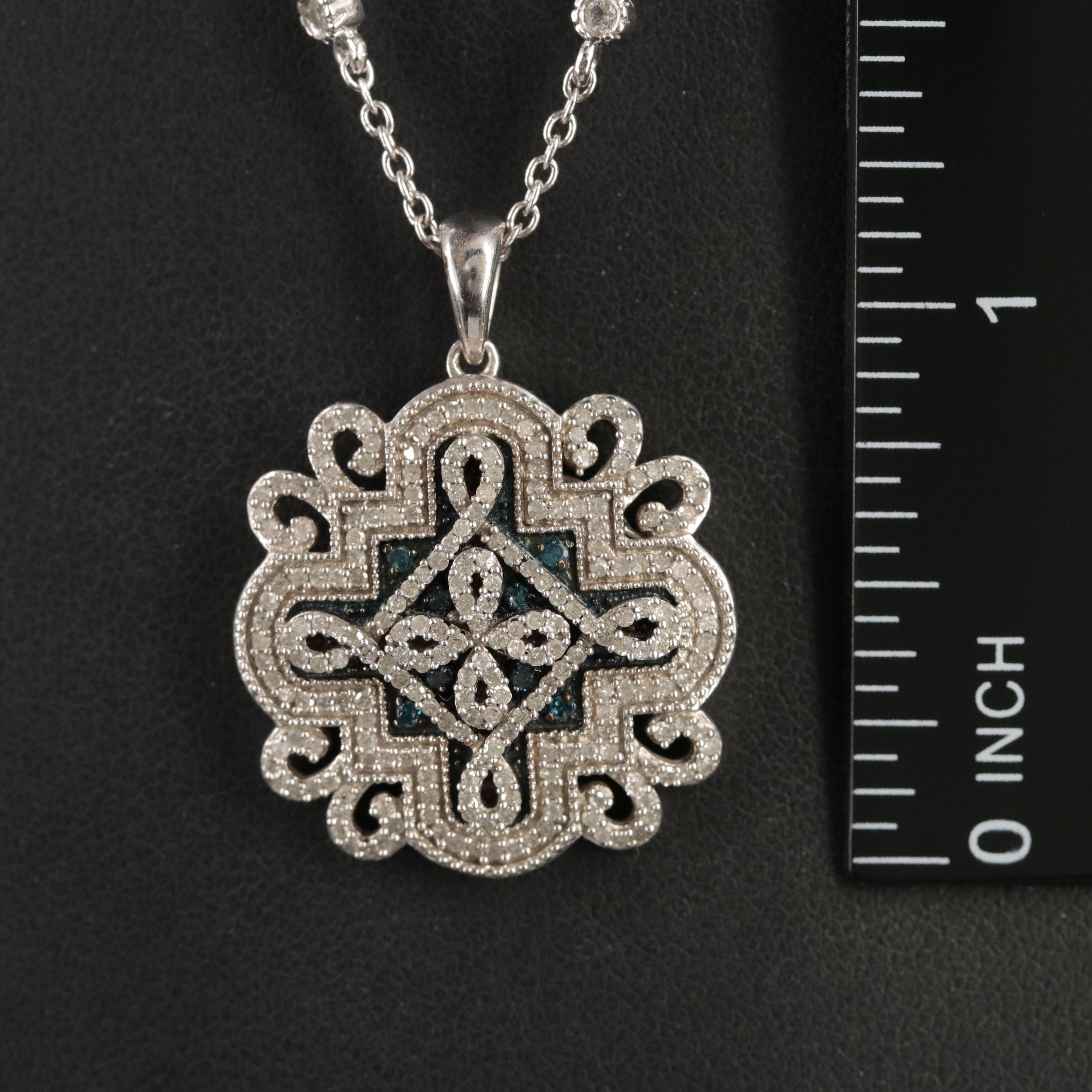 Sterling Diamond and Sapphire Quatrefoil Pendant Necklace