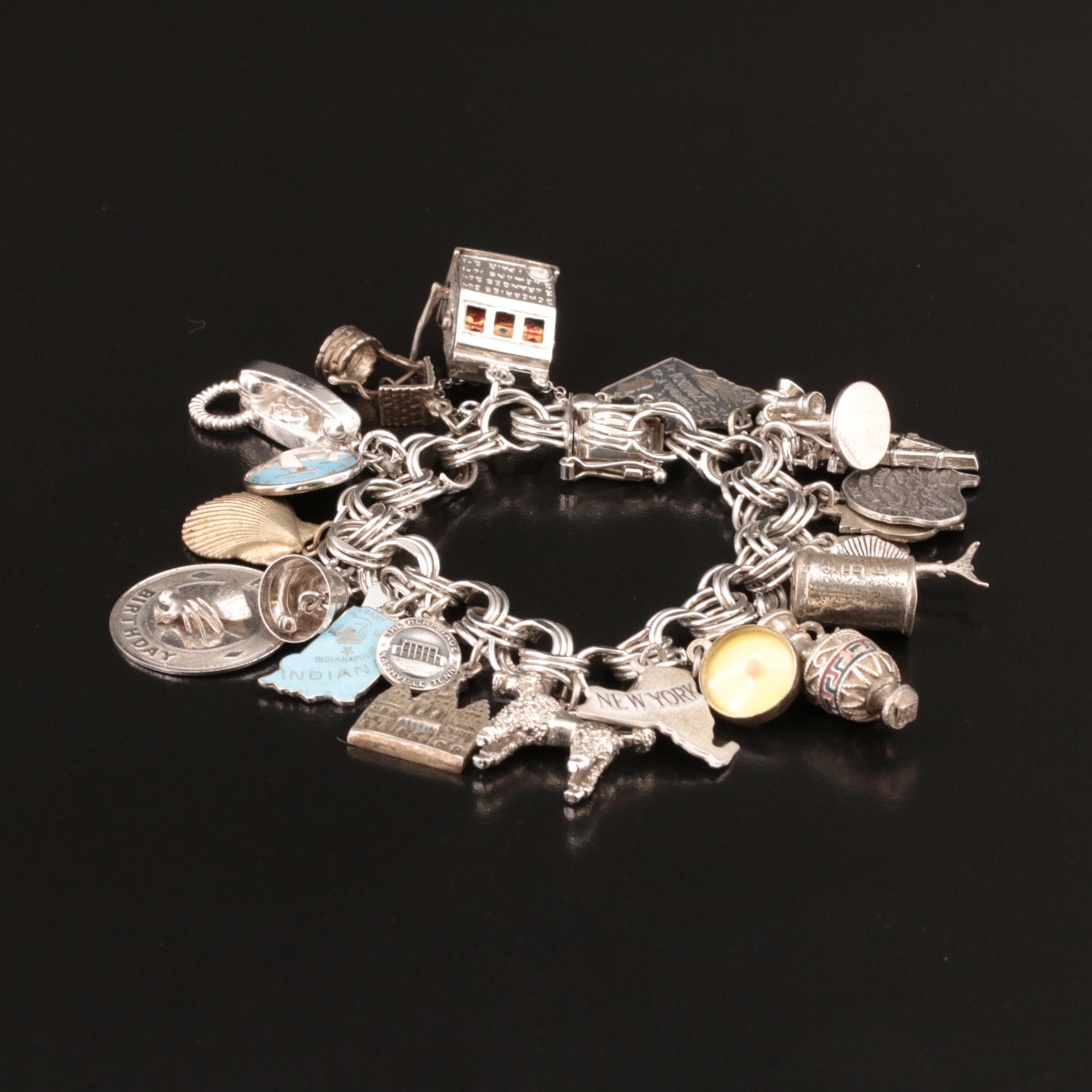 Sterling and 835 Silver Charm Bracelet with Enamel Accents