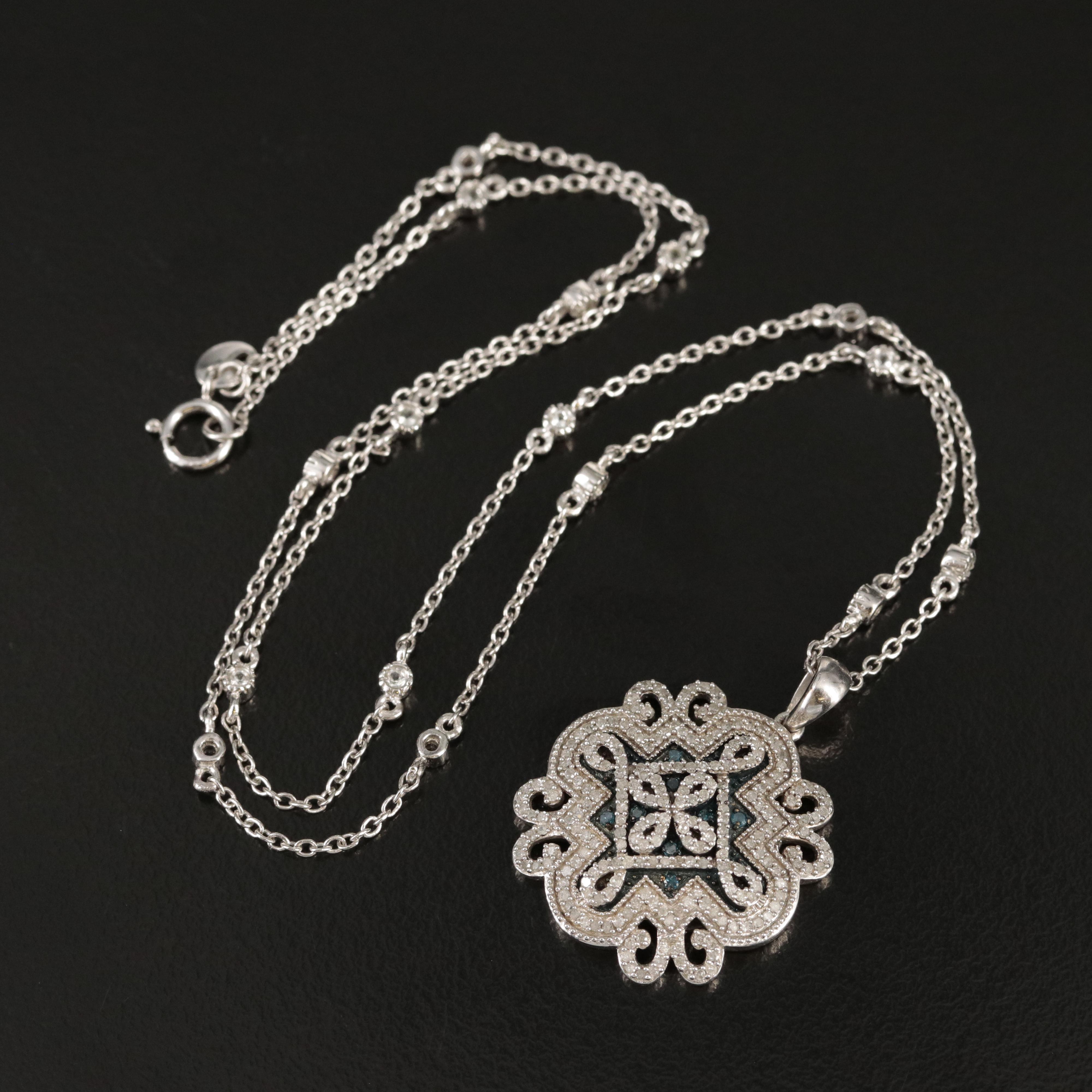 Sterling Diamond and Sapphire Quatrefoil Pendant Necklace