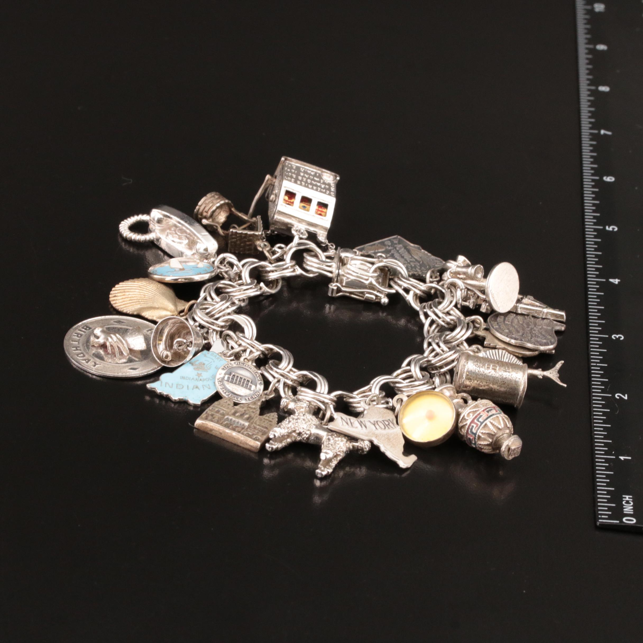 Sterling and 835 Silver Charm Bracelet with Enamel Accents