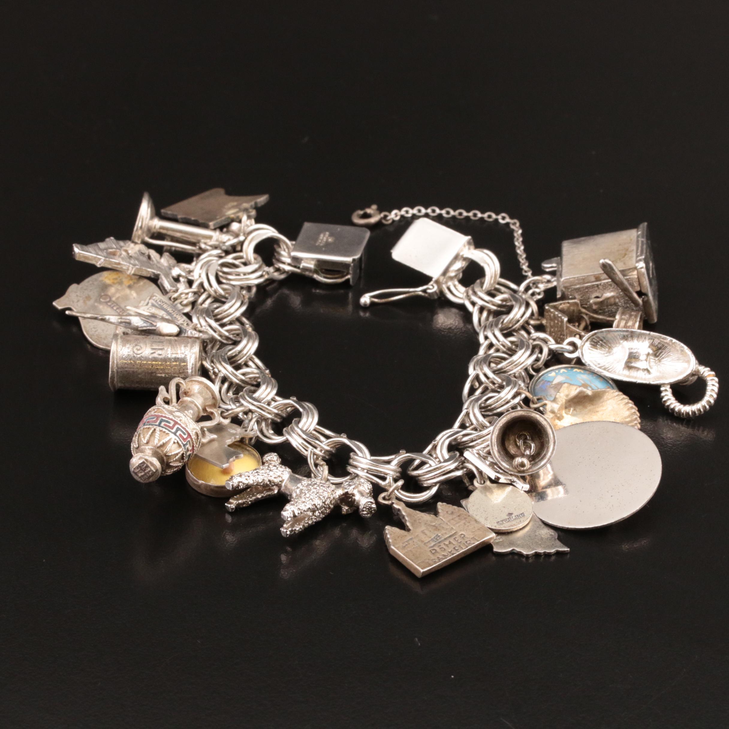 Sterling and 835 Silver Charm Bracelet with Enamel Accents