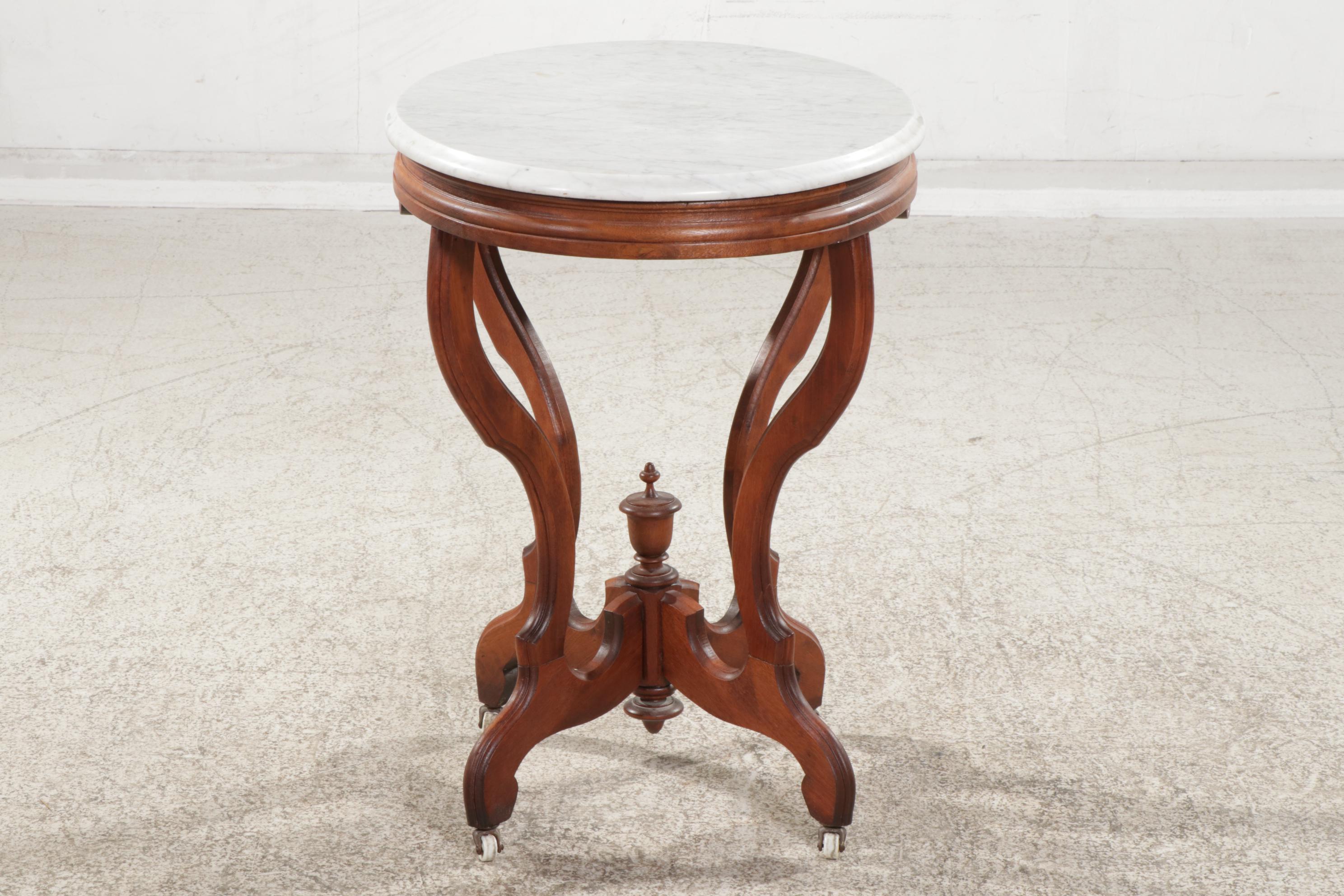 Victorian Walnut and Marble Top Oval Side Table, Late 19th Century