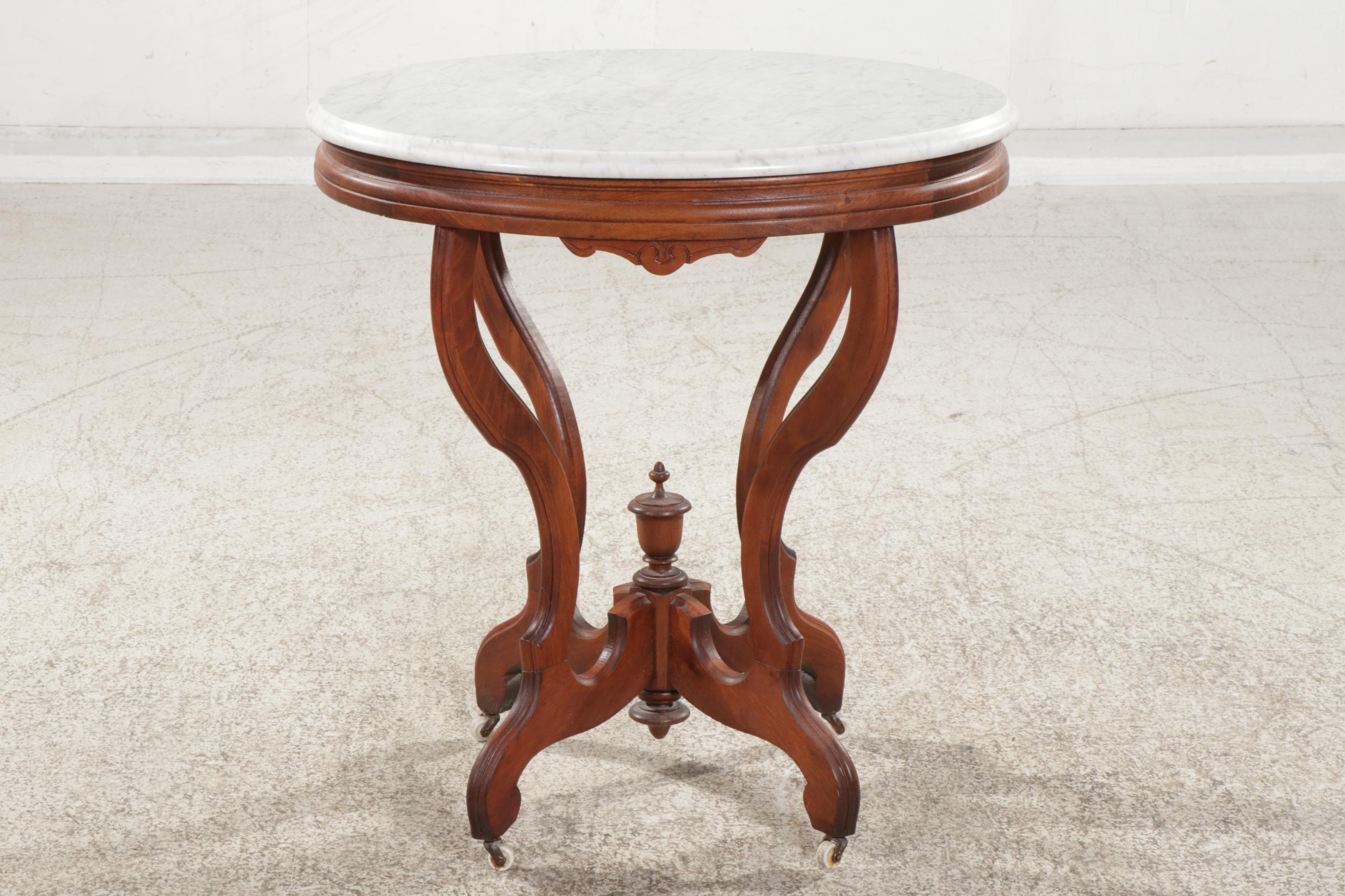 Victorian Walnut and Marble Top Oval Side Table, Late 19th Century