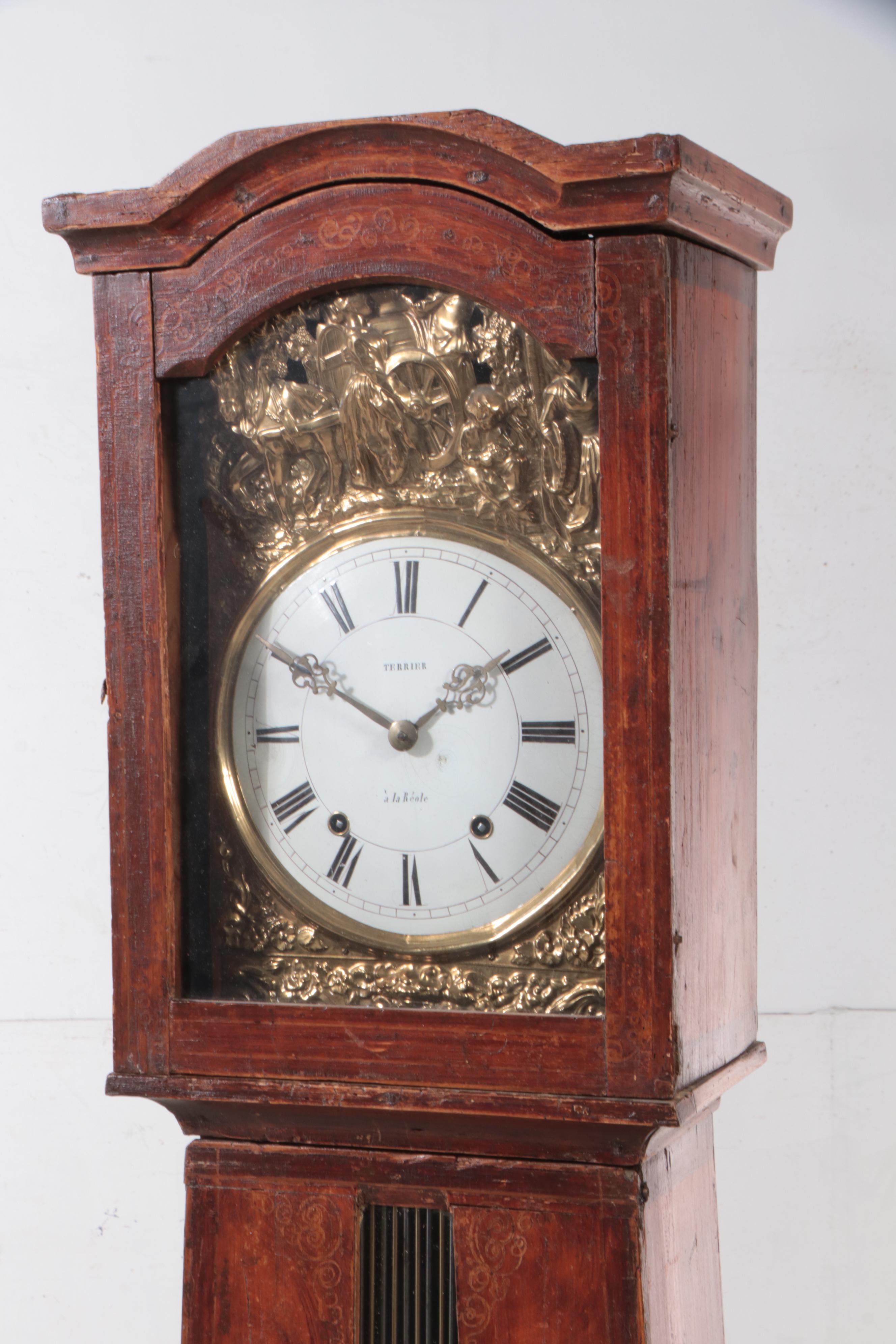 French Grained and Brass Repoussé Comtoise Morbier Clock, Mid-19th Century