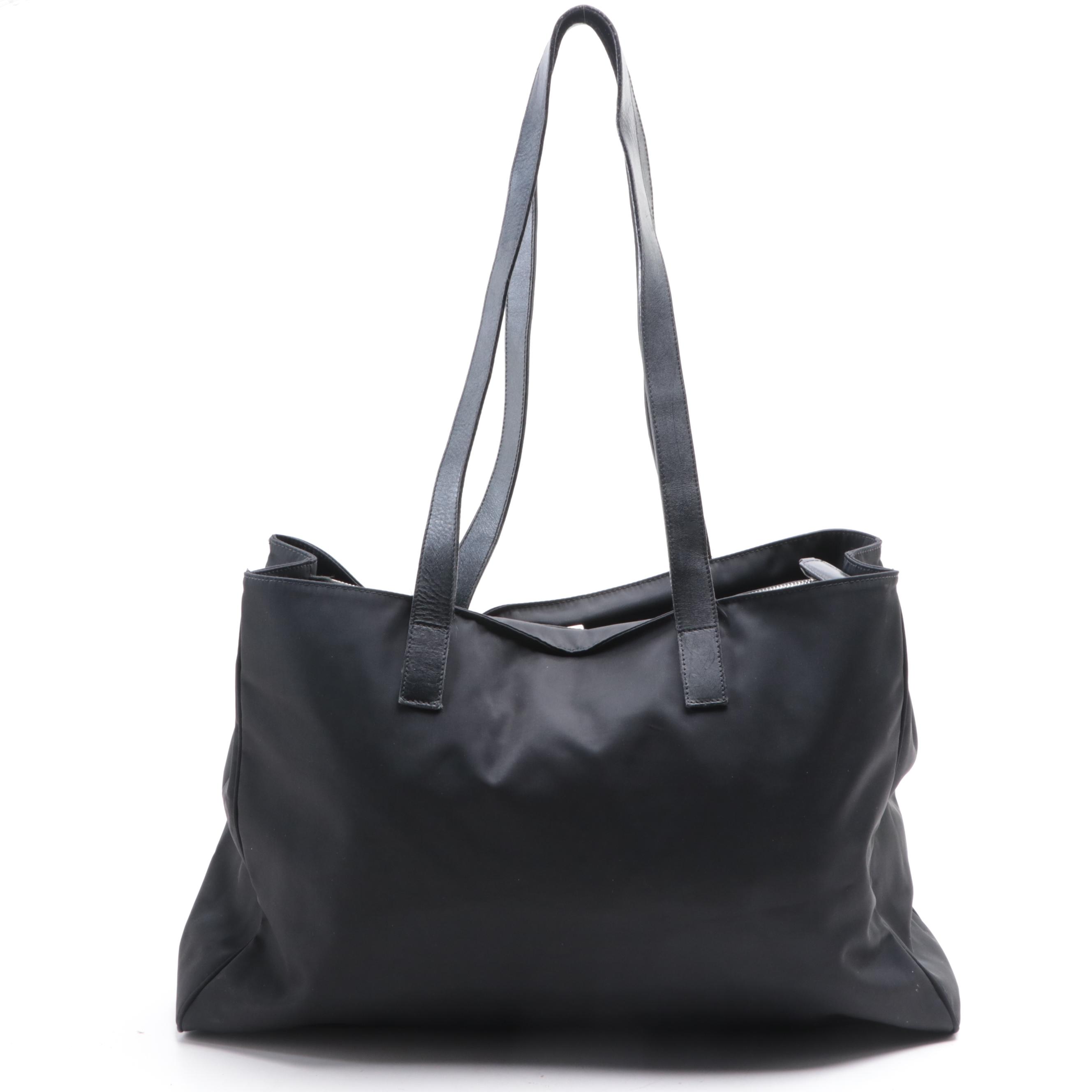 Fendi Large Shoulder Tote in Black Nylon Gabardine with Leather Trim