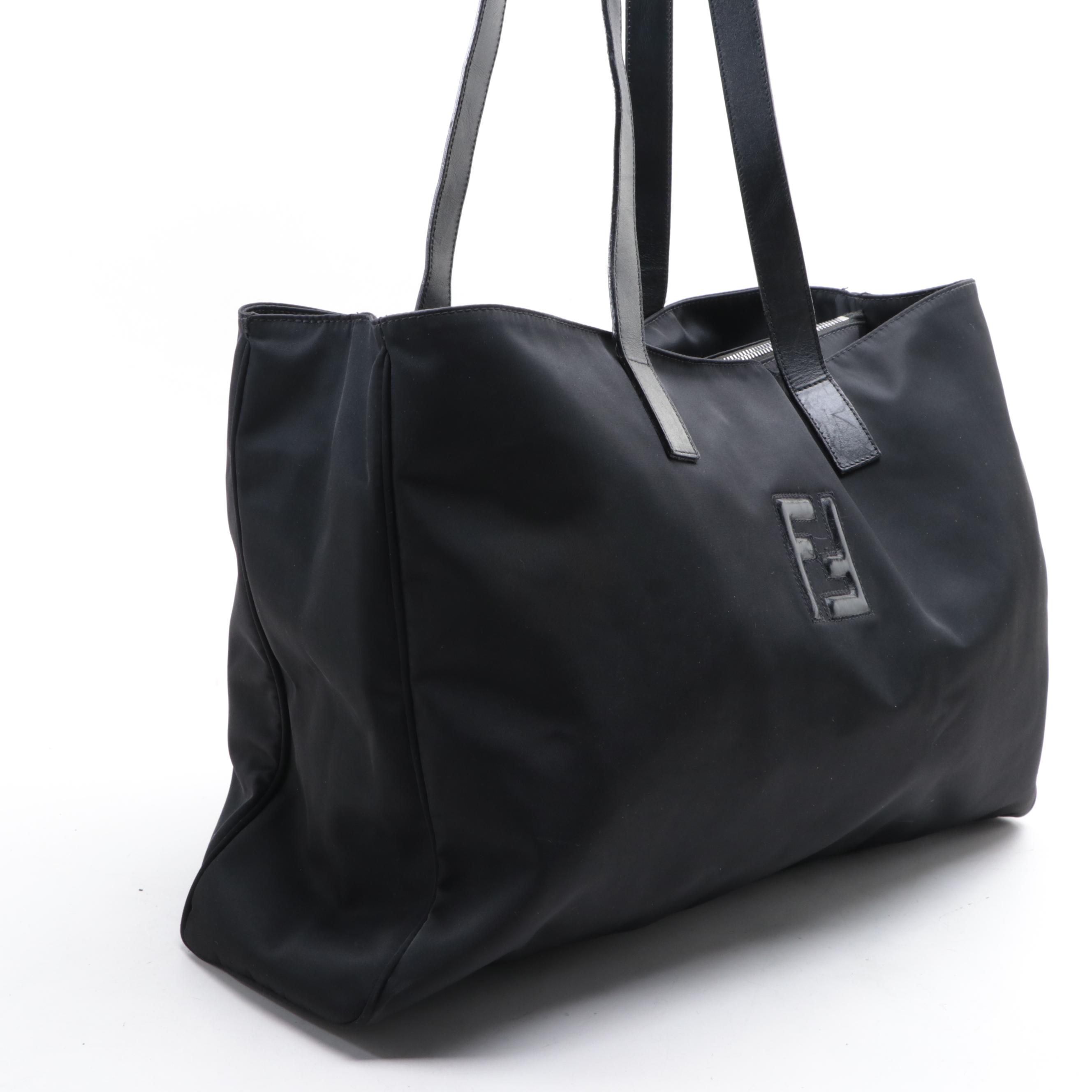 Fendi Large Shoulder Tote in Black Nylon Gabardine with Leather Trim