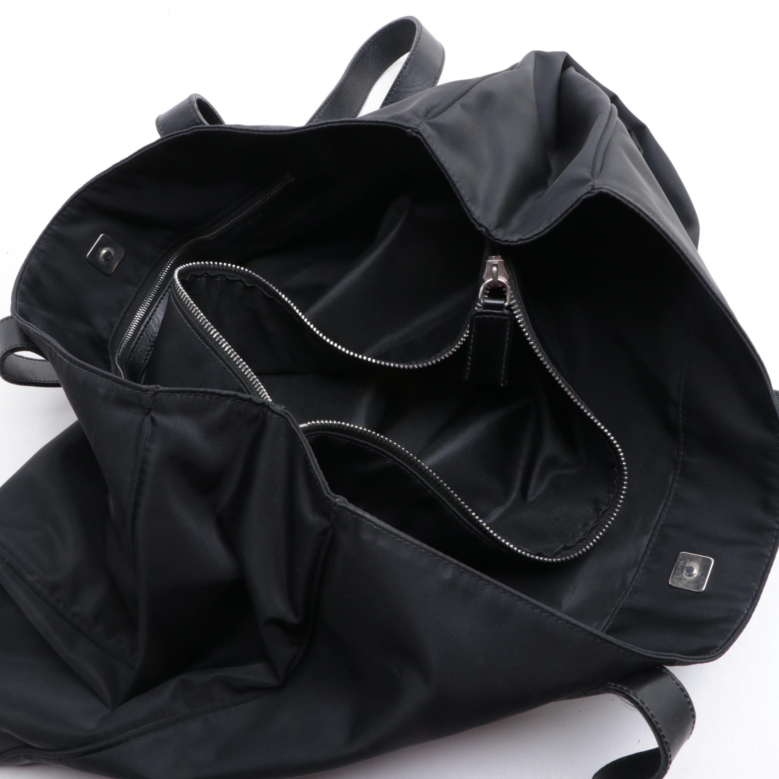 Fendi Large Shoulder Tote in Black Nylon Gabardine with Leather Trim