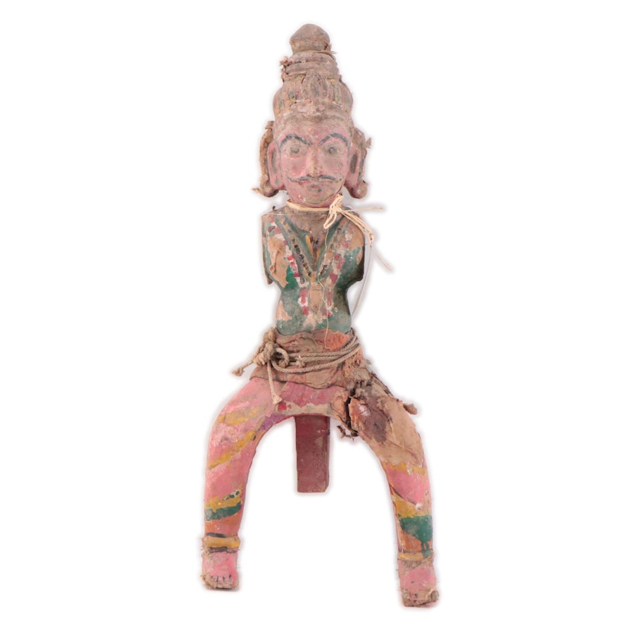 Indian Painted Wood Nobleman Rider Figure Fragment, Late 19th Century